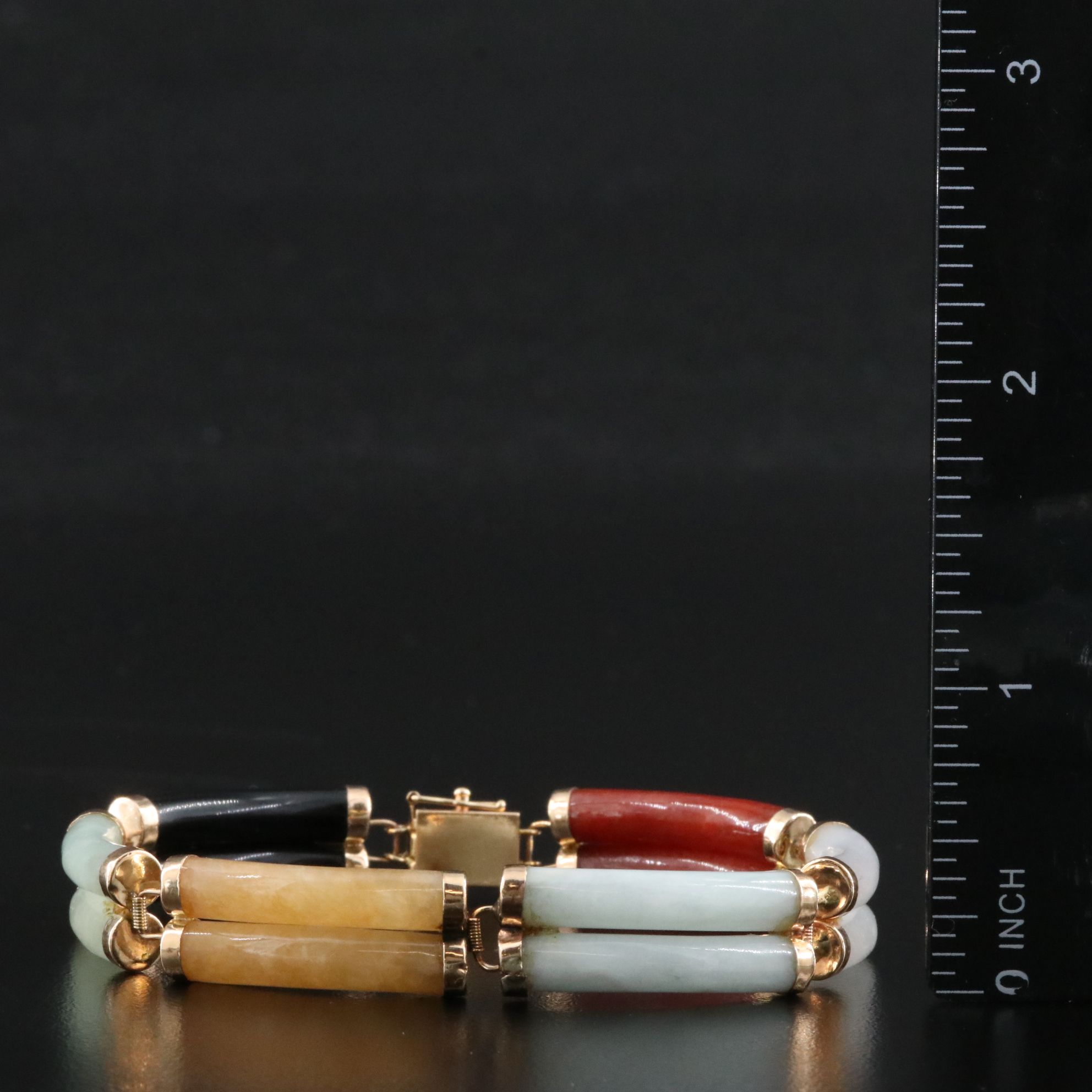 14K Jadeite and Black Onyx Curved Bar Bracelet