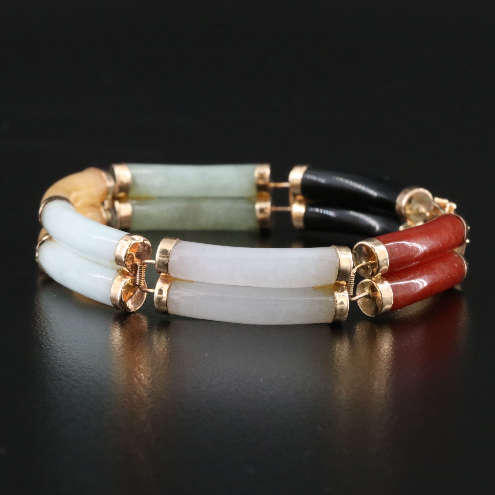 14K Jadeite and Black Onyx Curved Bar Bracelet