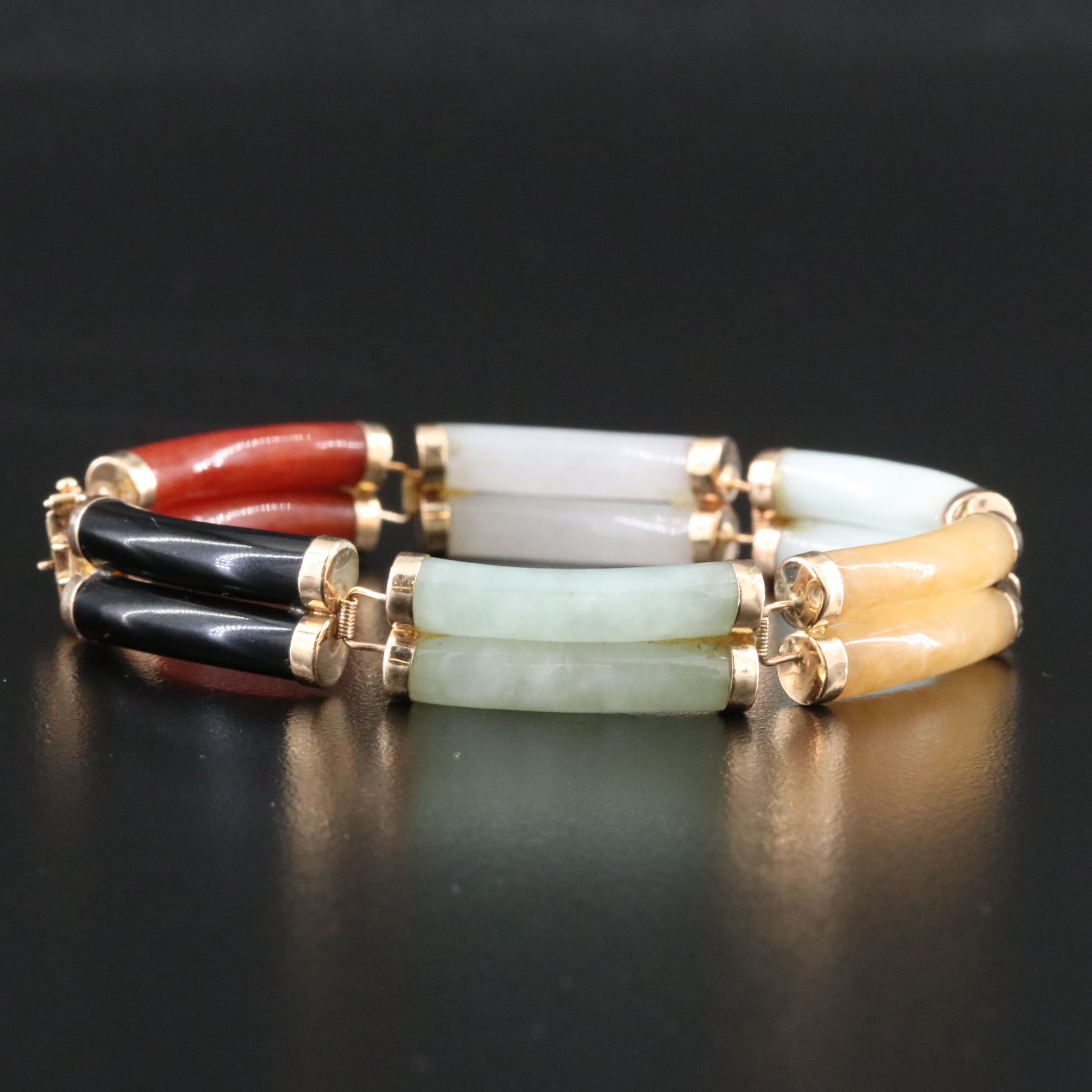 14K Jadeite and Black Onyx Curved Bar Bracelet