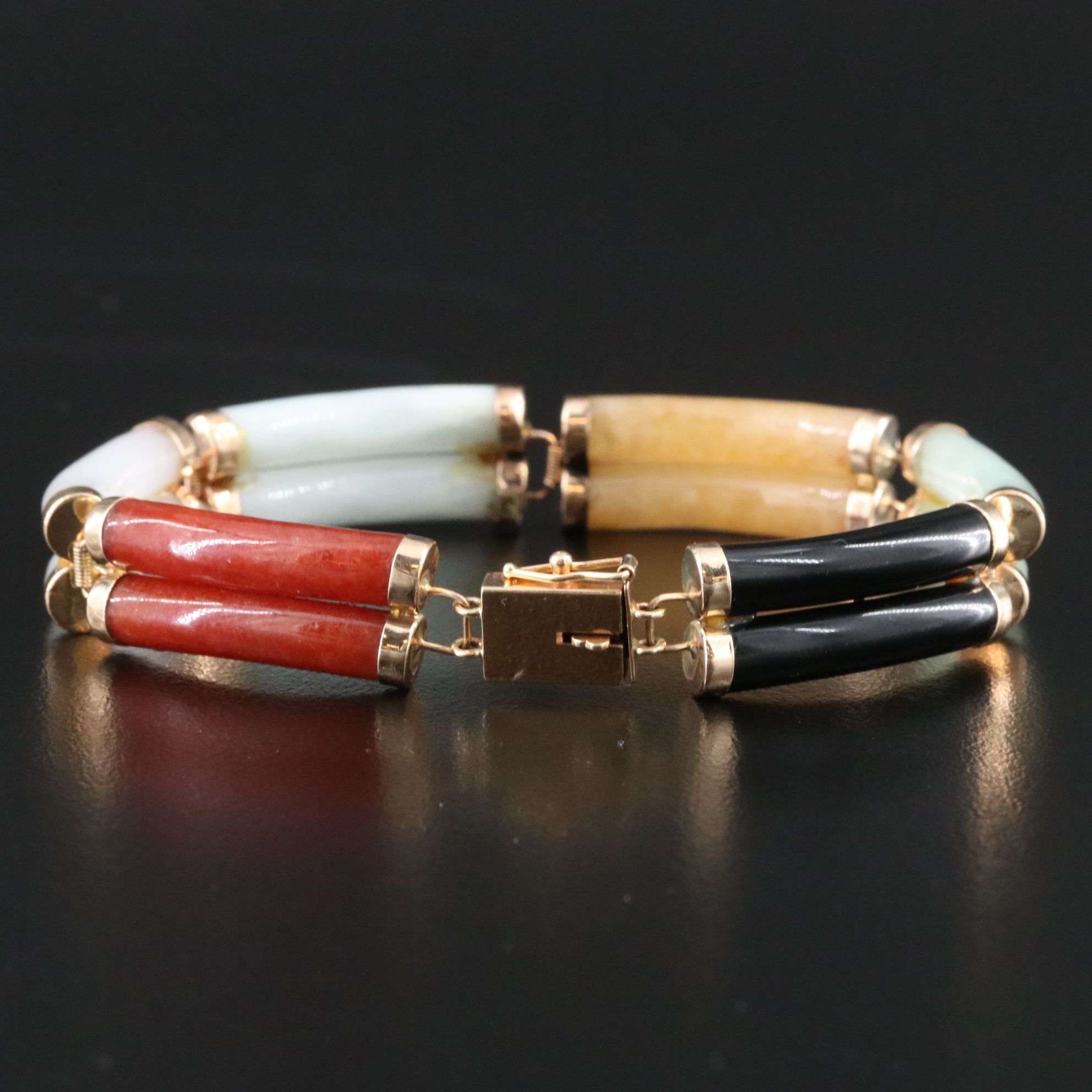 14K Jadeite and Black Onyx Curved Bar Bracelet
