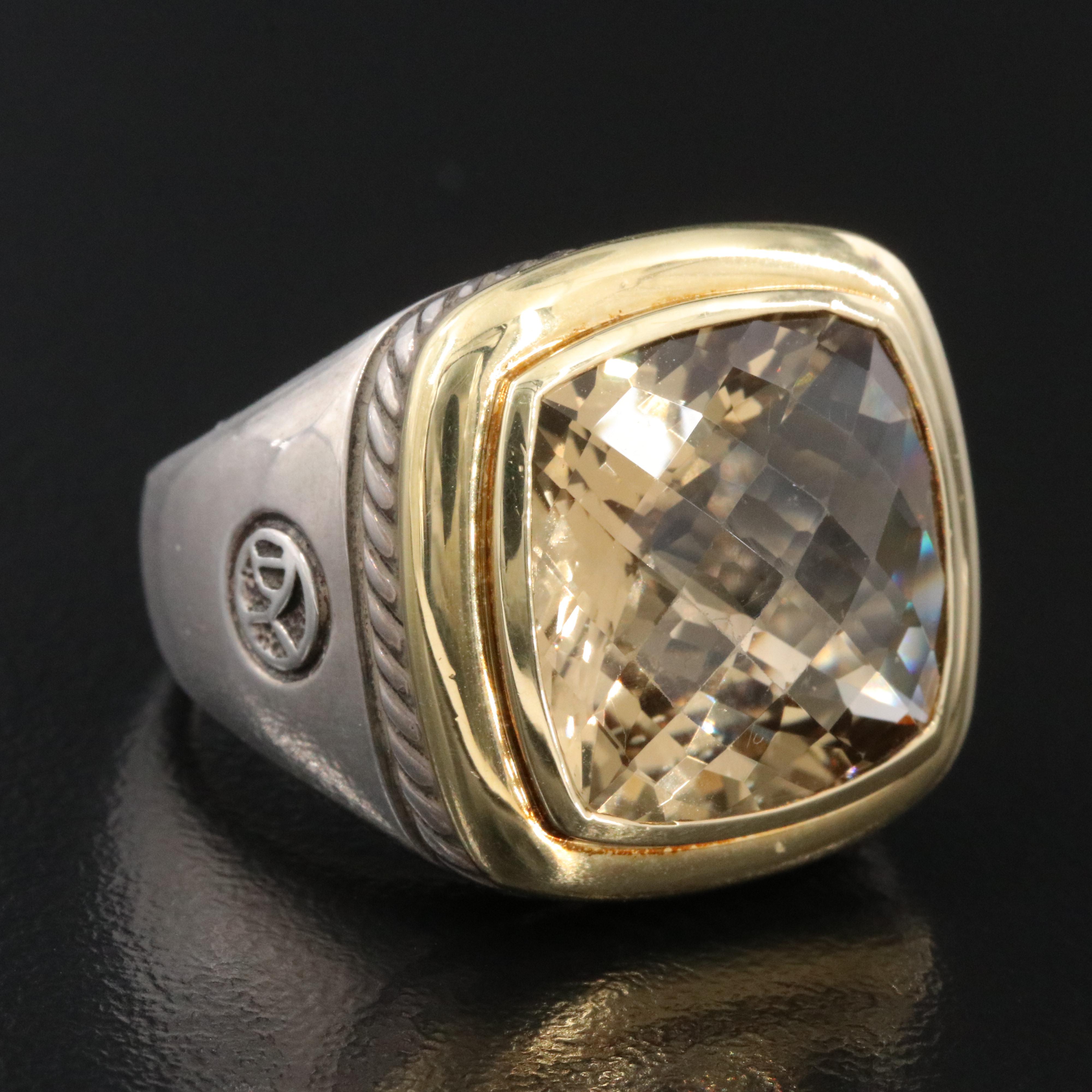David Yurman Albion Sterling and 18K Smoky Quartz Ring