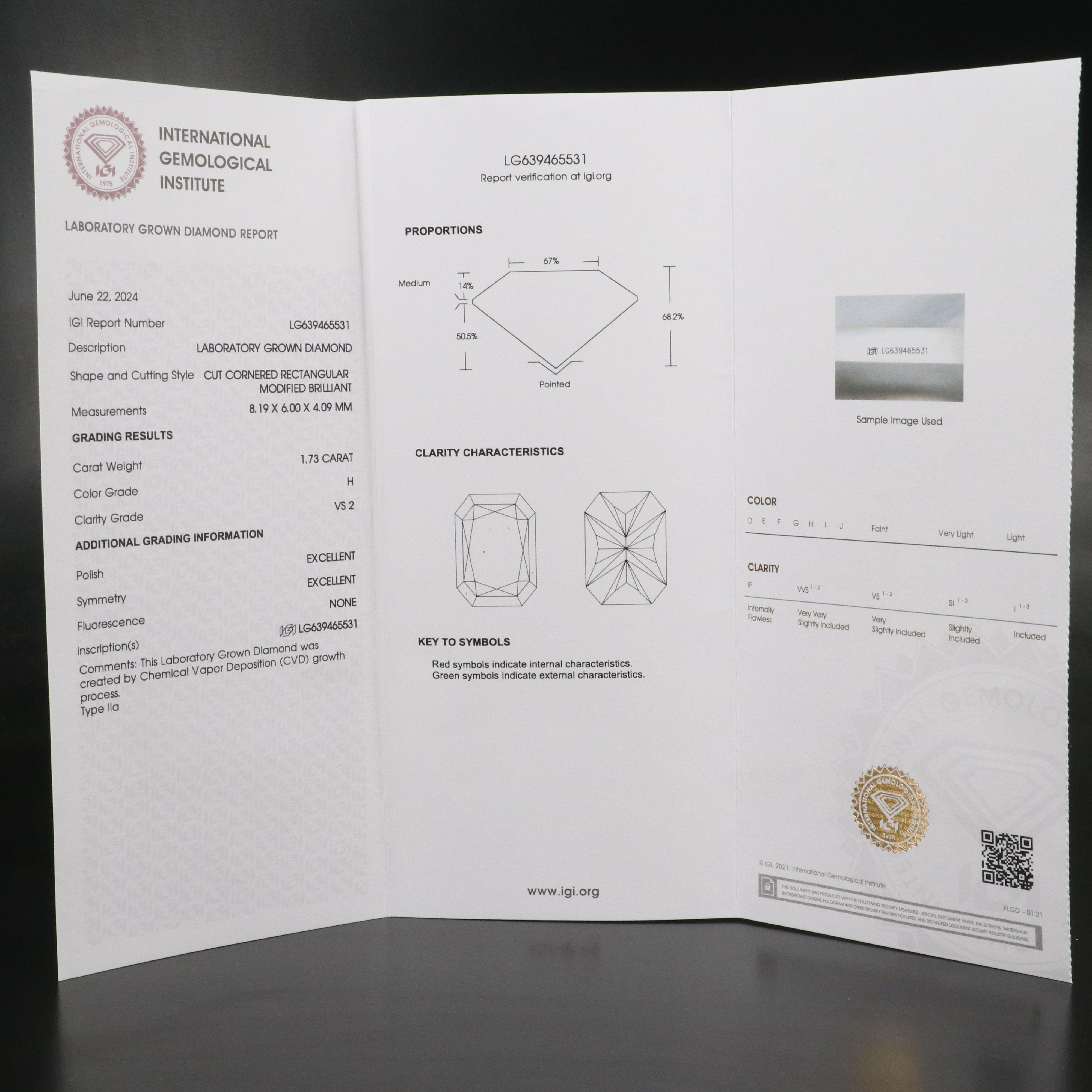 Loose 1.73 CT Lab Grown Diamond with IGI Report
