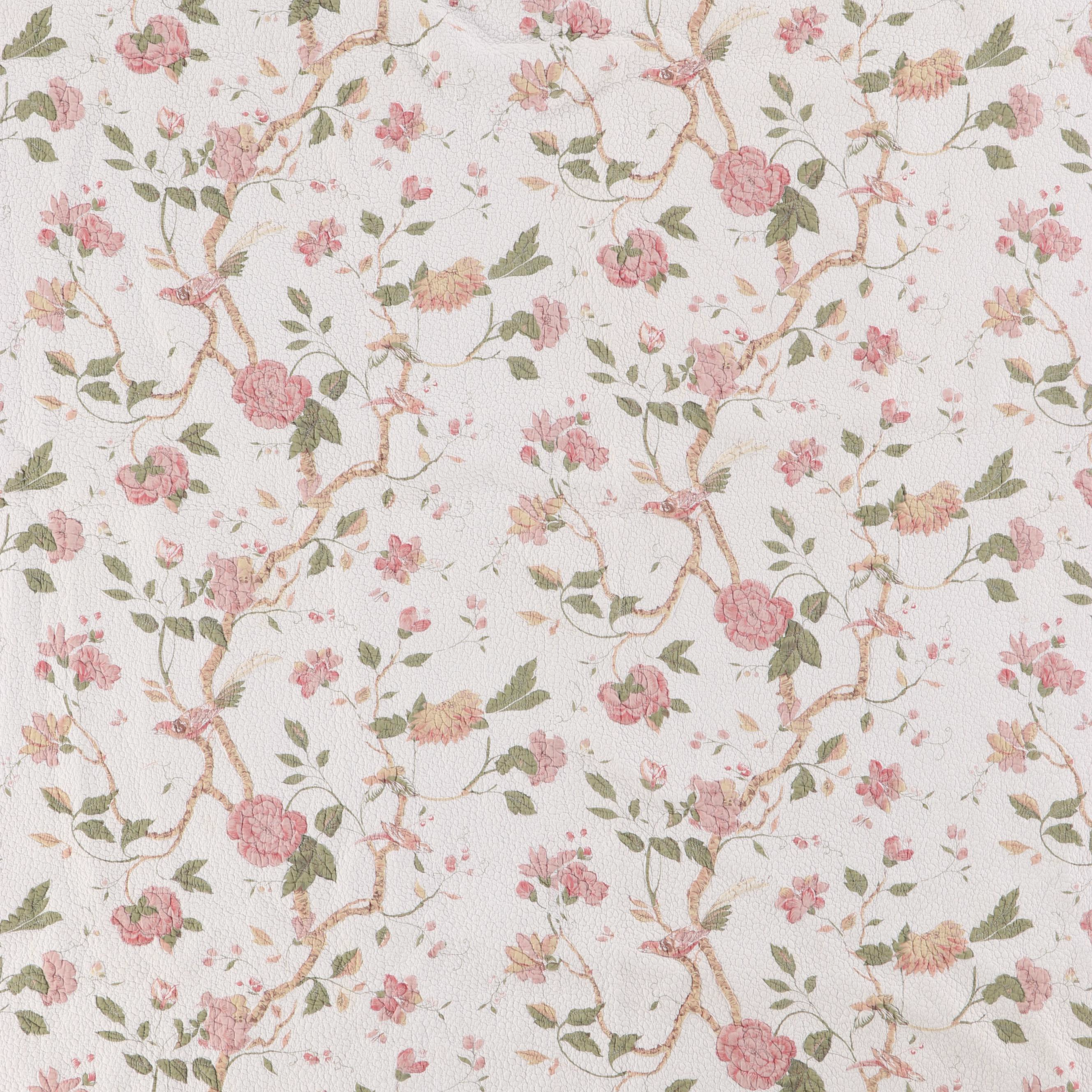 Queen Size Pink Tree Peony and Bird Print Quilted Whole Cloth Coverlet