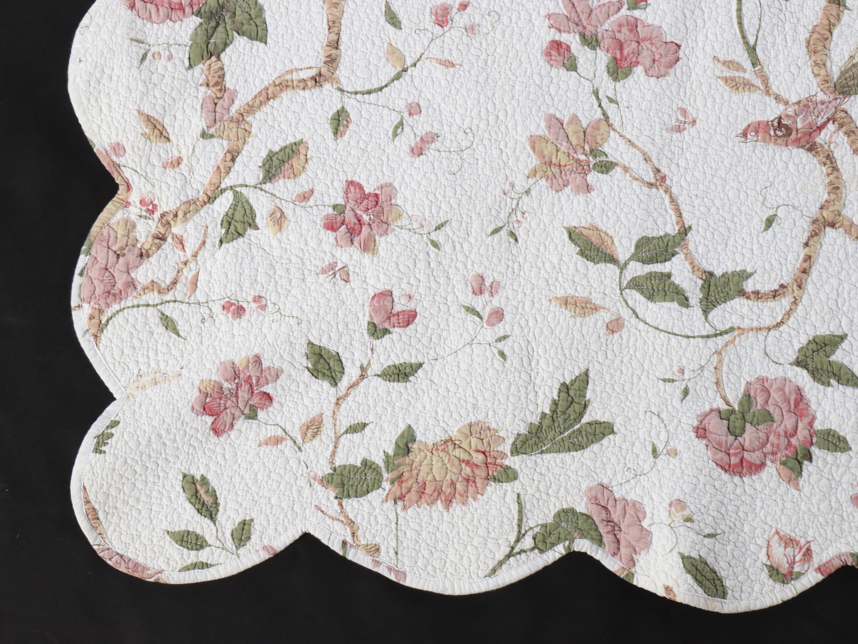 Queen Size Pink Tree Peony and Bird Print Quilted Whole Cloth Coverlet