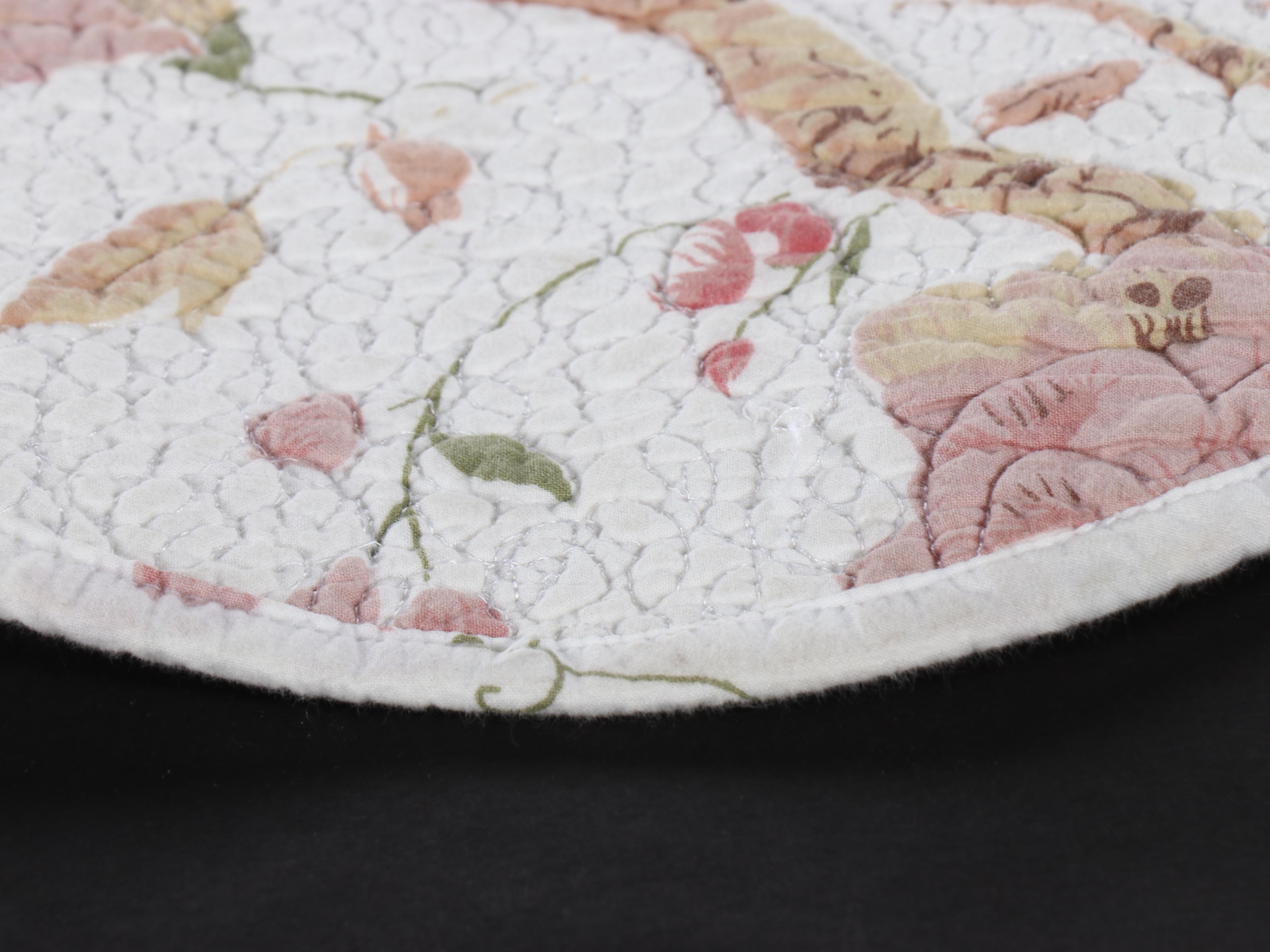 Queen Size Pink Tree Peony and Bird Print Quilted Whole Cloth Coverlet