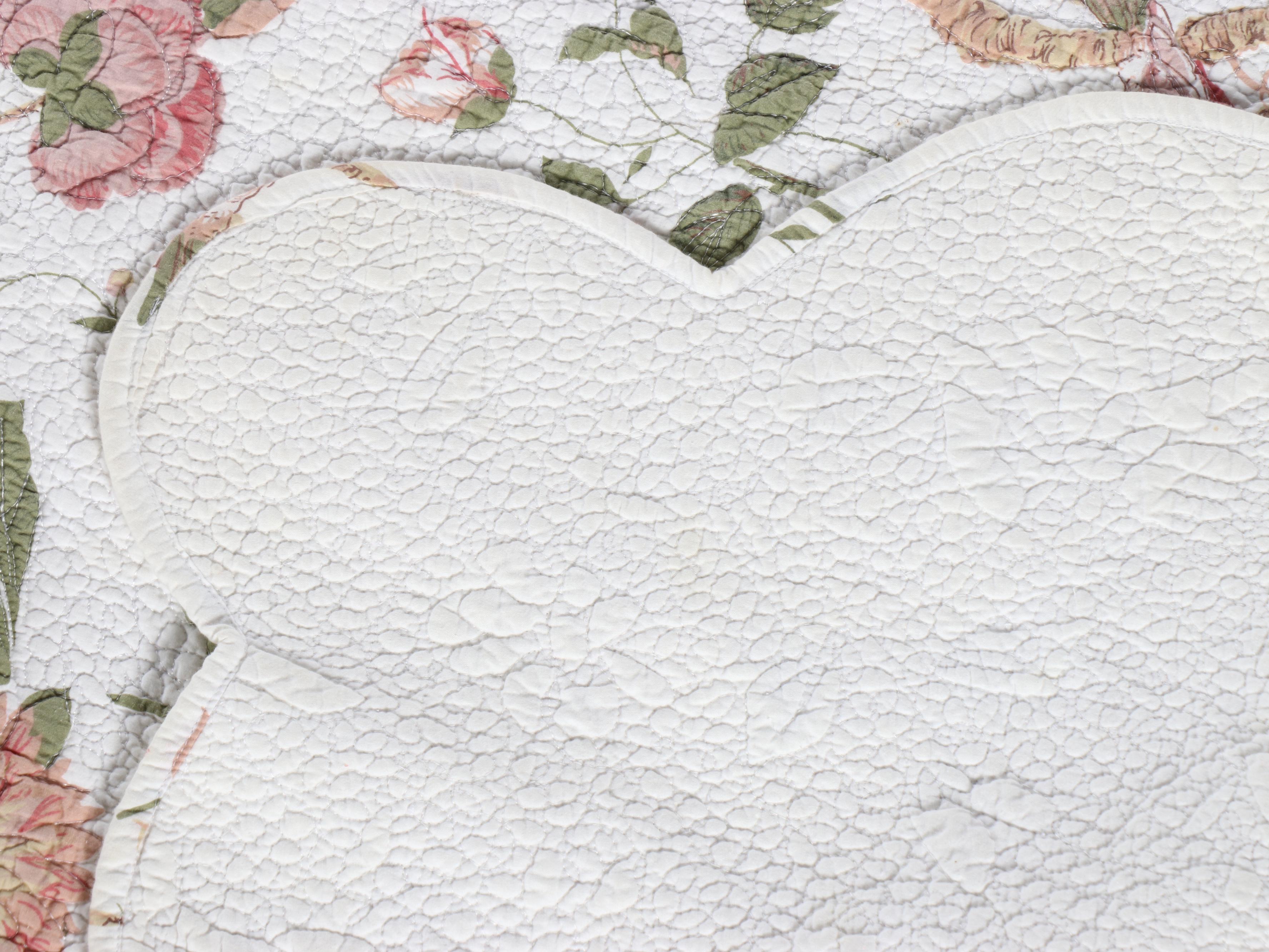 Queen Size Pink Tree Peony and Bird Print Quilted Whole Cloth Coverlet