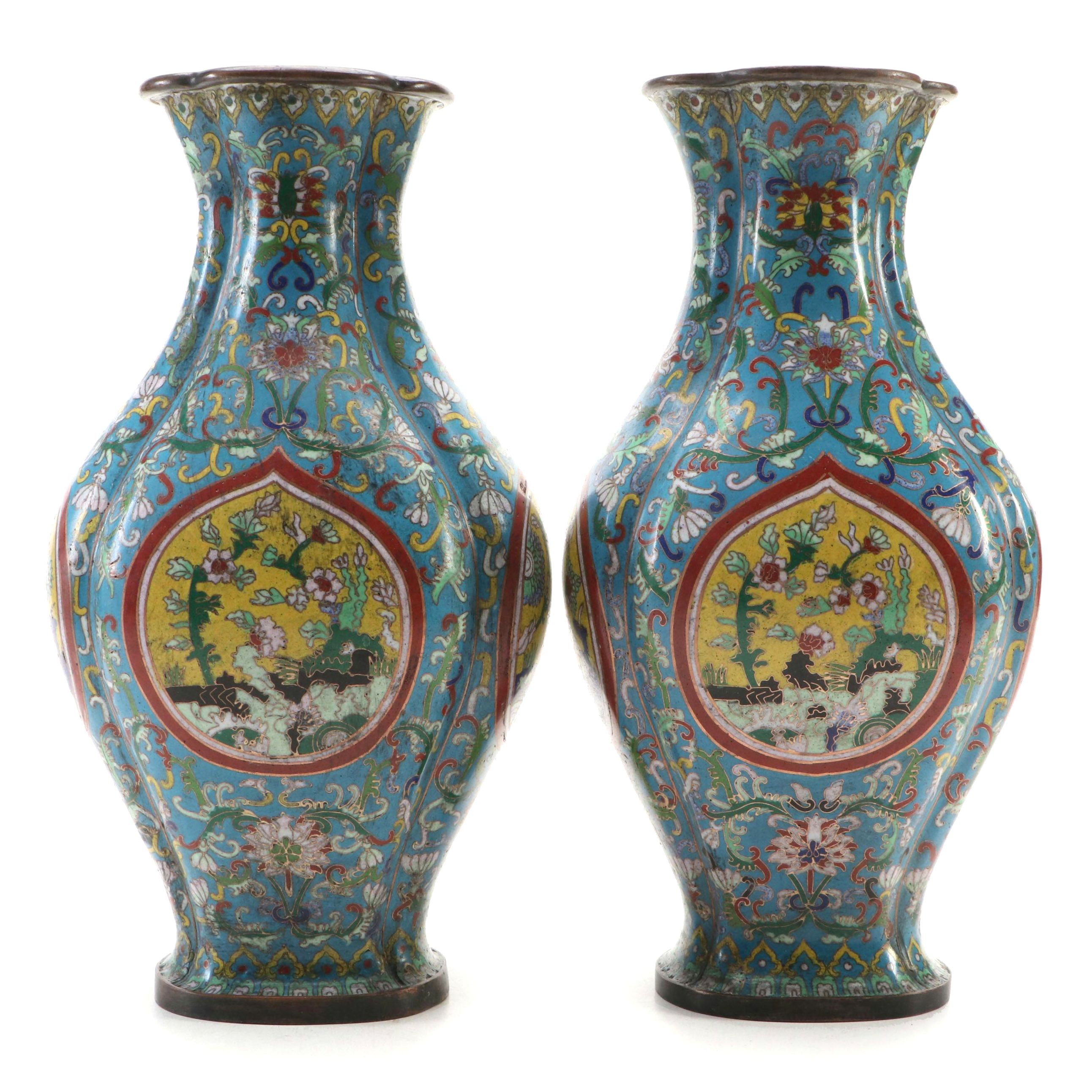 Pair of Chinese Cloisonné Blue Floral Vases