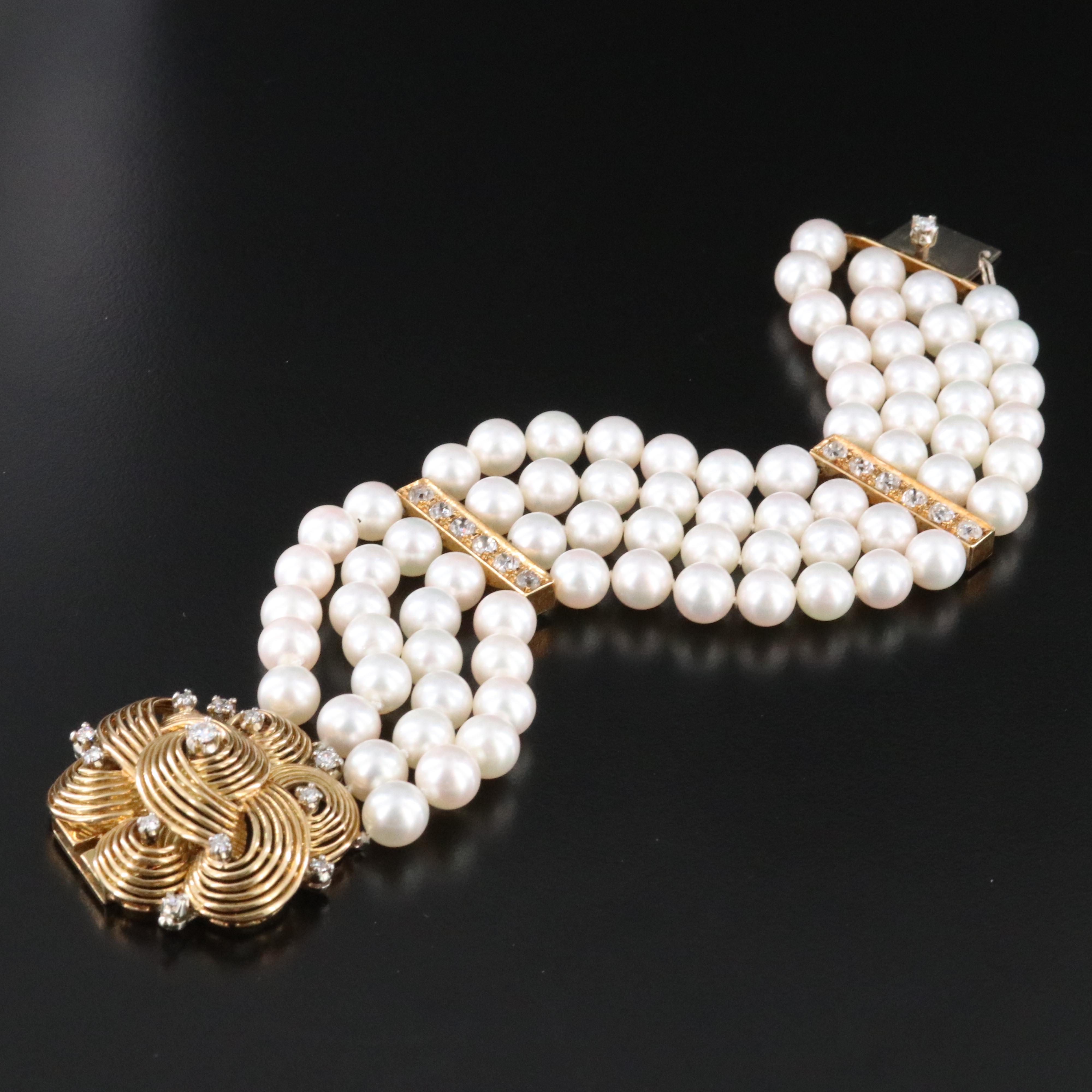 Pearl Bracelet with 18K 2.30 CTW Diamond Knot Clasp and Spacers