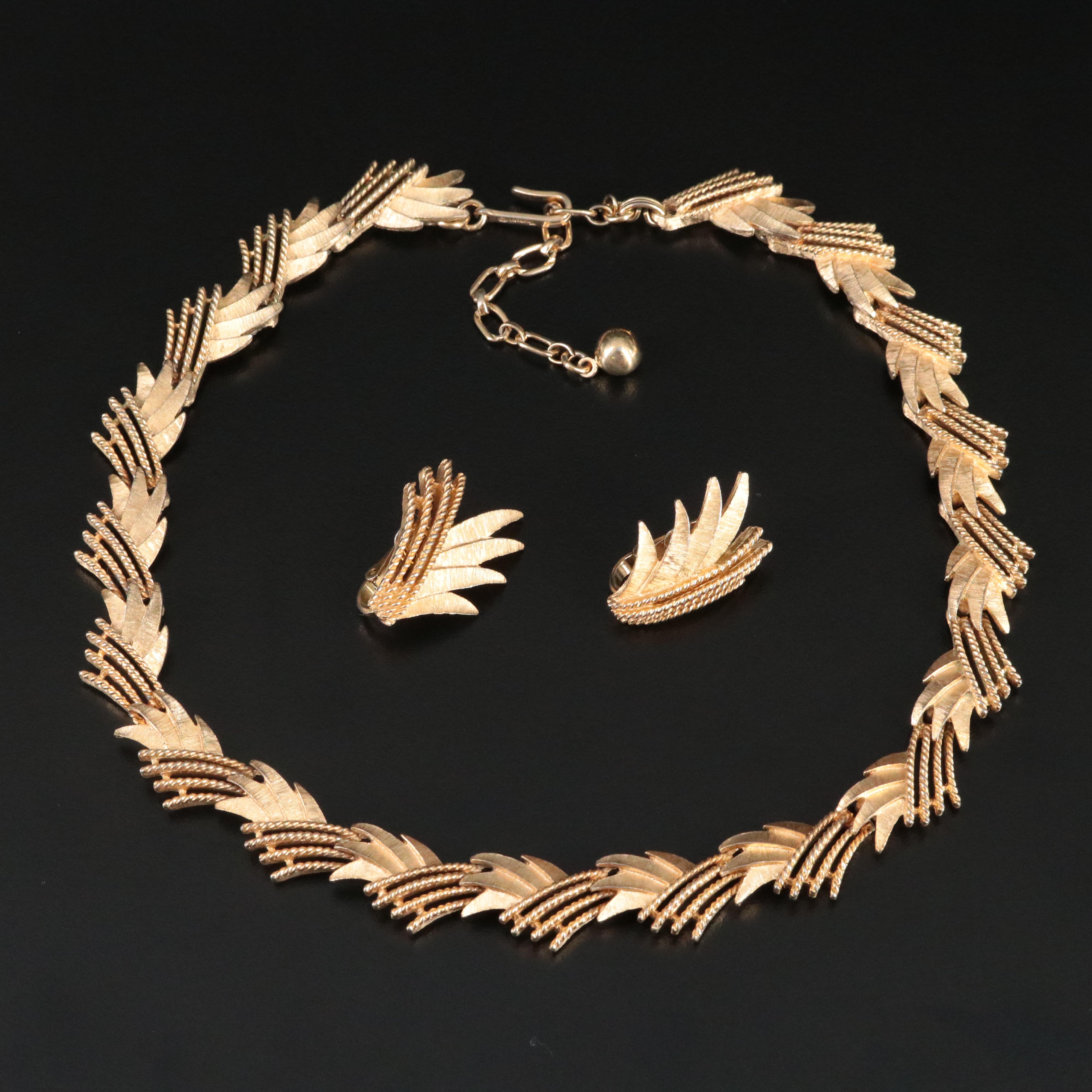 Trifari Gold-Tone Leaf Panel Necklace and Earring Set