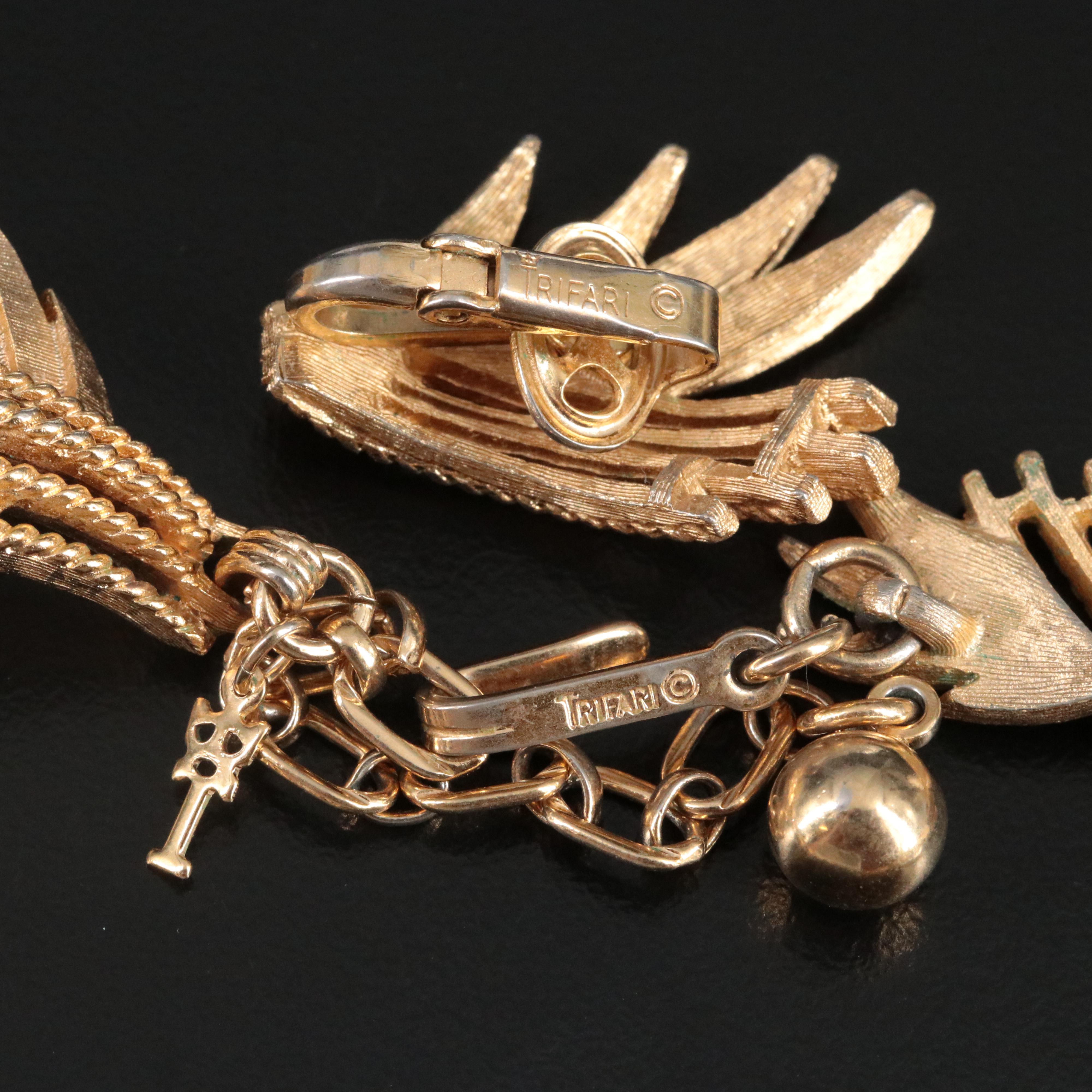 Trifari Gold-Tone Leaf Panel Necklace and Earring Set