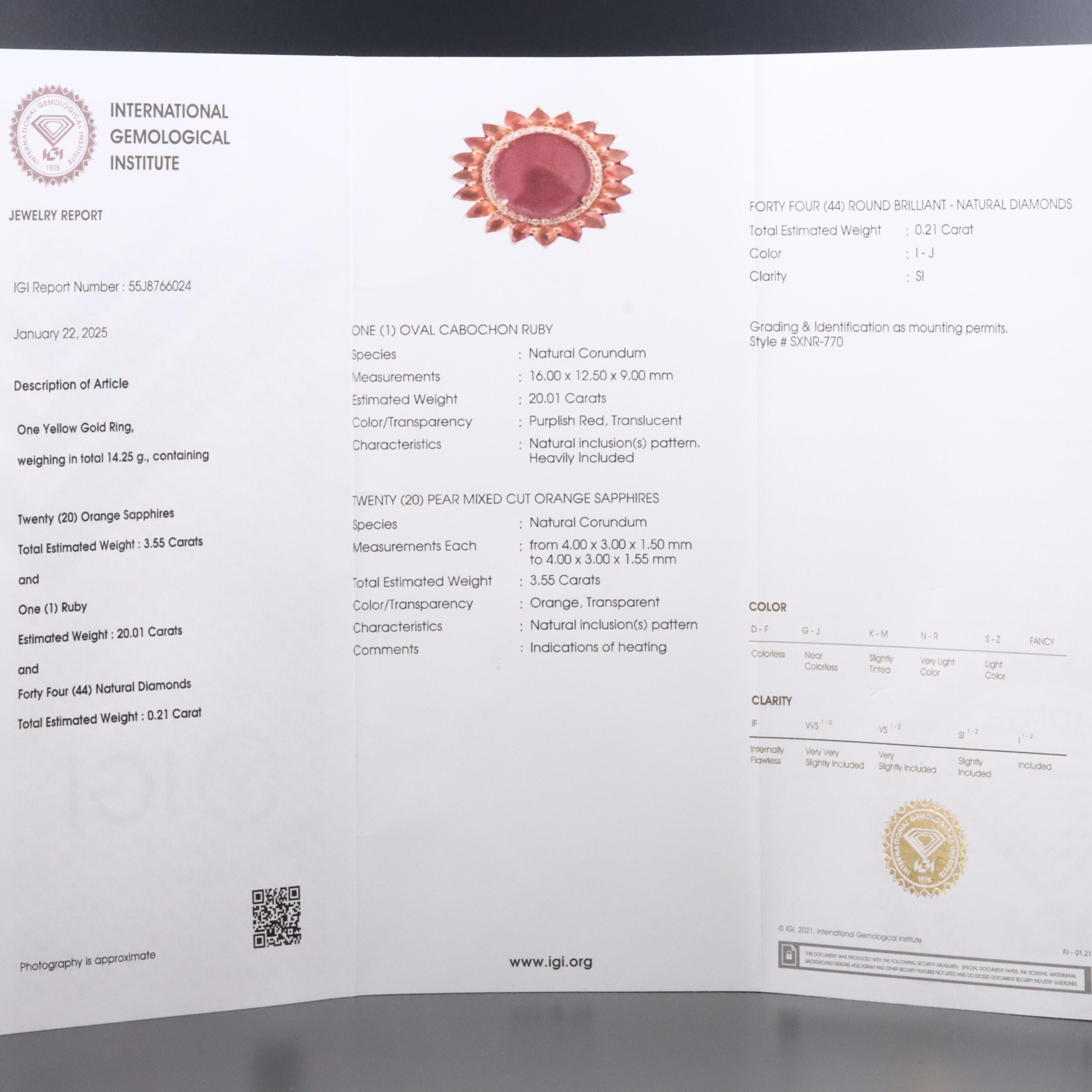 14K 20.01 CT Ruby, Orange Sapphire, and Diamond Ring with IGI Jewelry Report