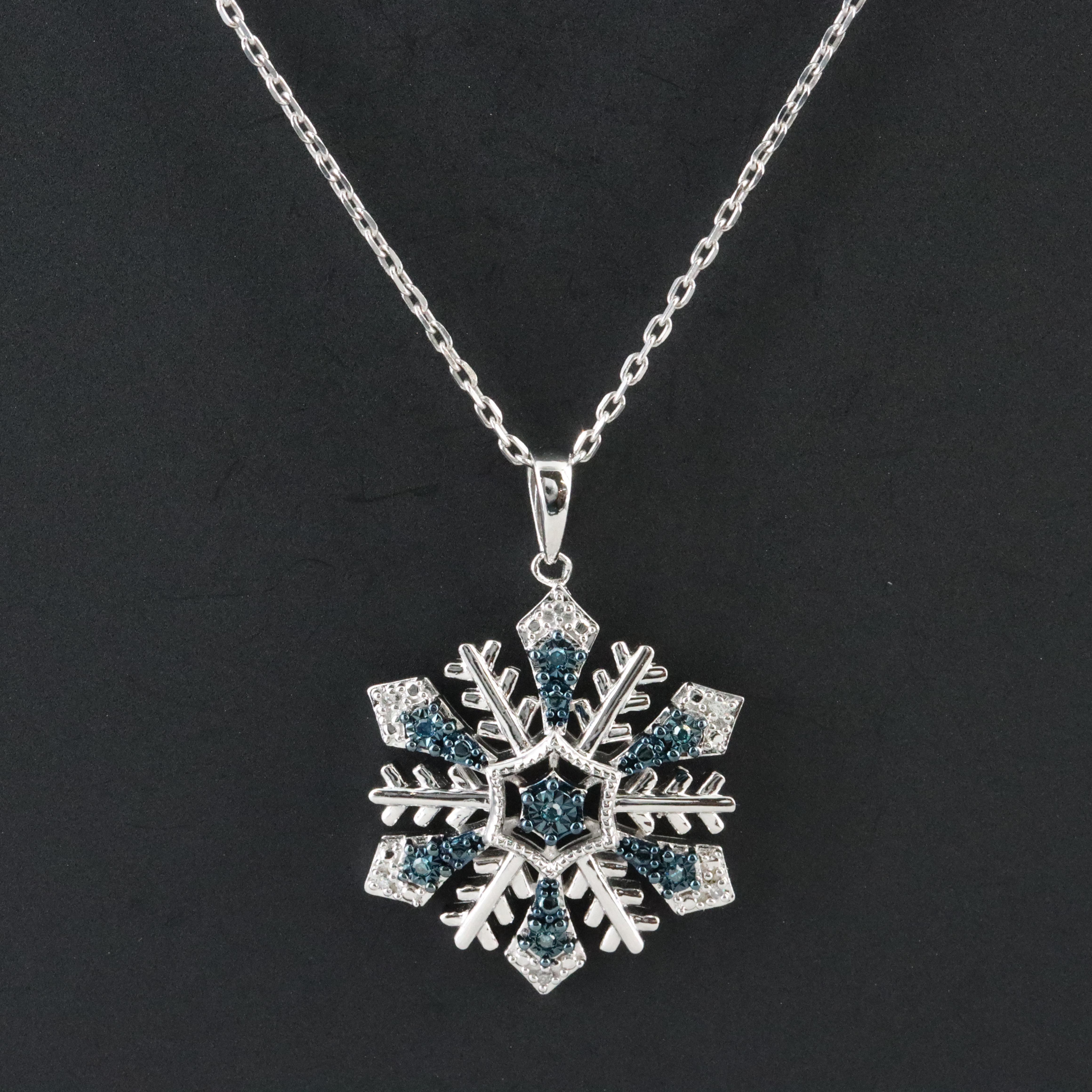 Sterling Diamond Including Fancy Blue  Snowflake Pendant Necklace