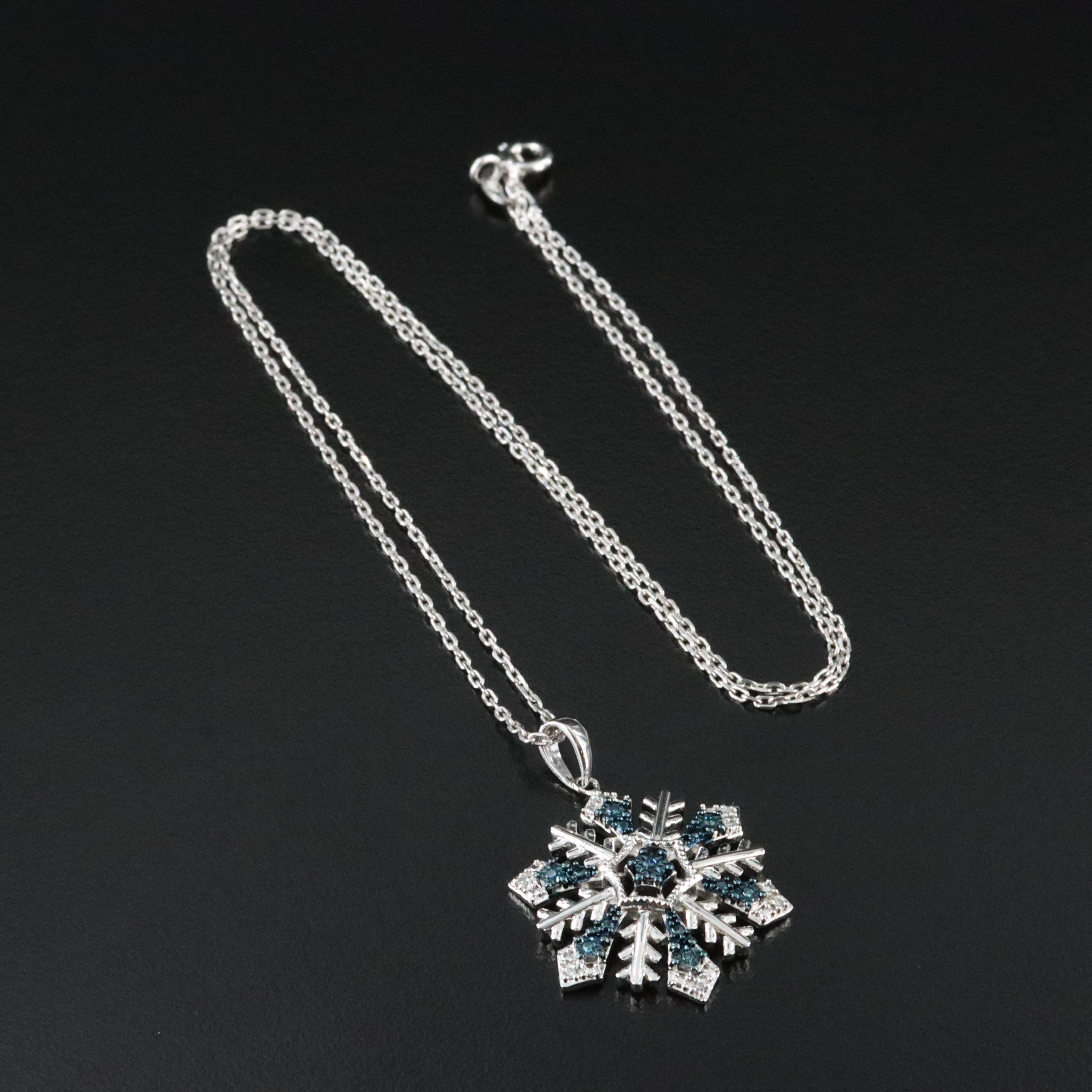 Sterling Diamond Including Fancy Blue  Snowflake Pendant Necklace