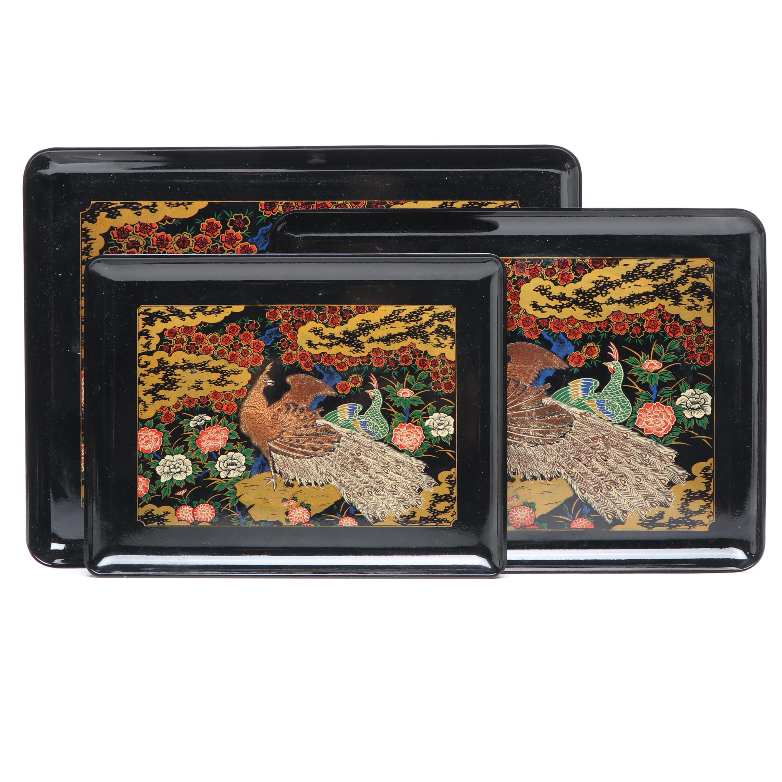 Arita Japanese Peacock Lacquerware Trays, Mid to Late 20th Century