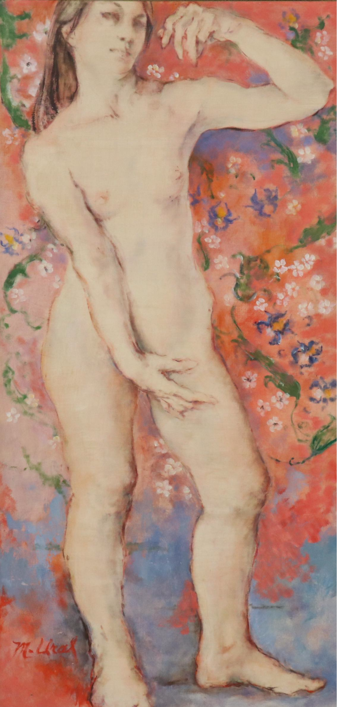 M. Ural Figural Oil Painting of Standing Nude with Floral Motif, Late 20th C.