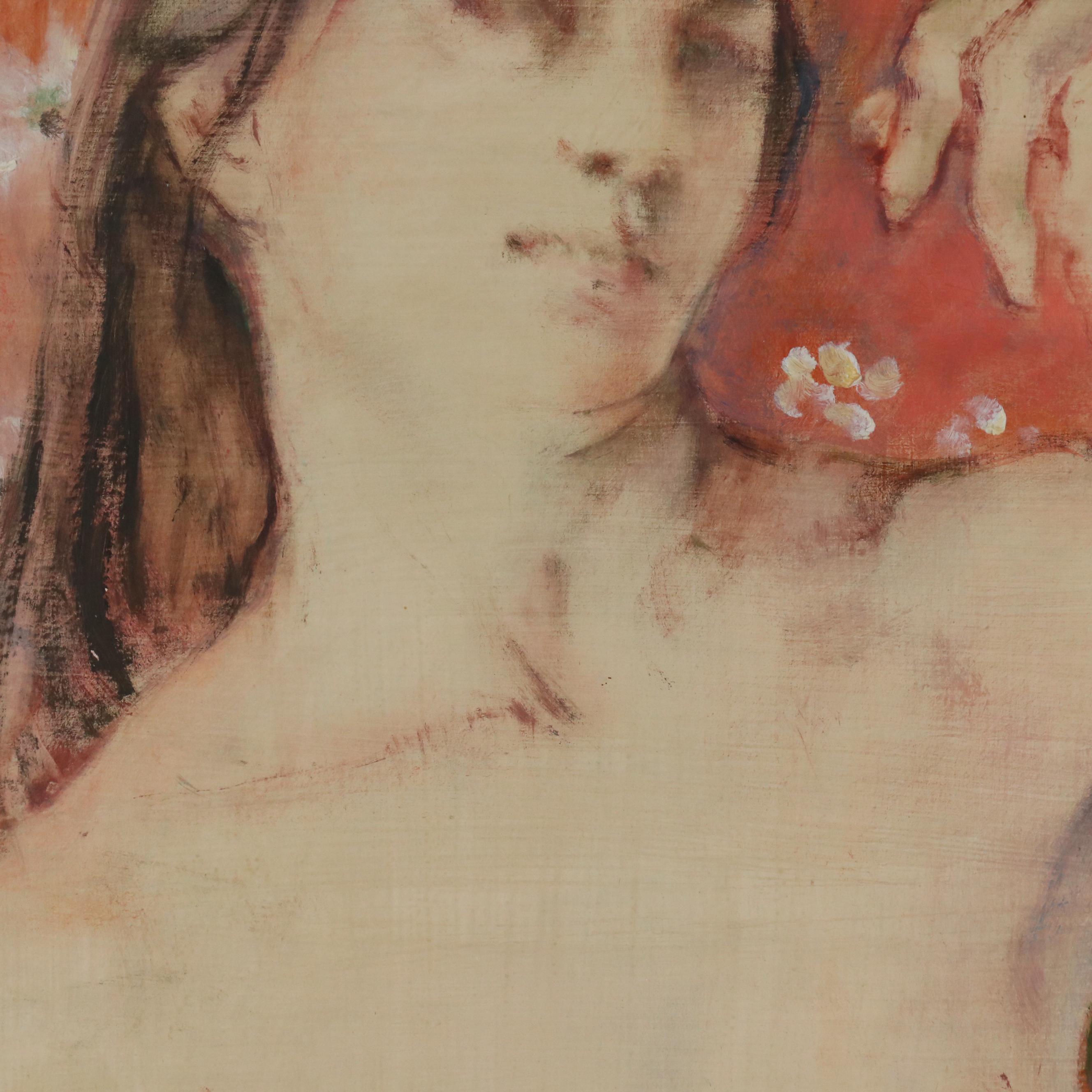 M. Ural Figural Oil Painting of Standing Nude with Floral Motif, Late 20th C.
