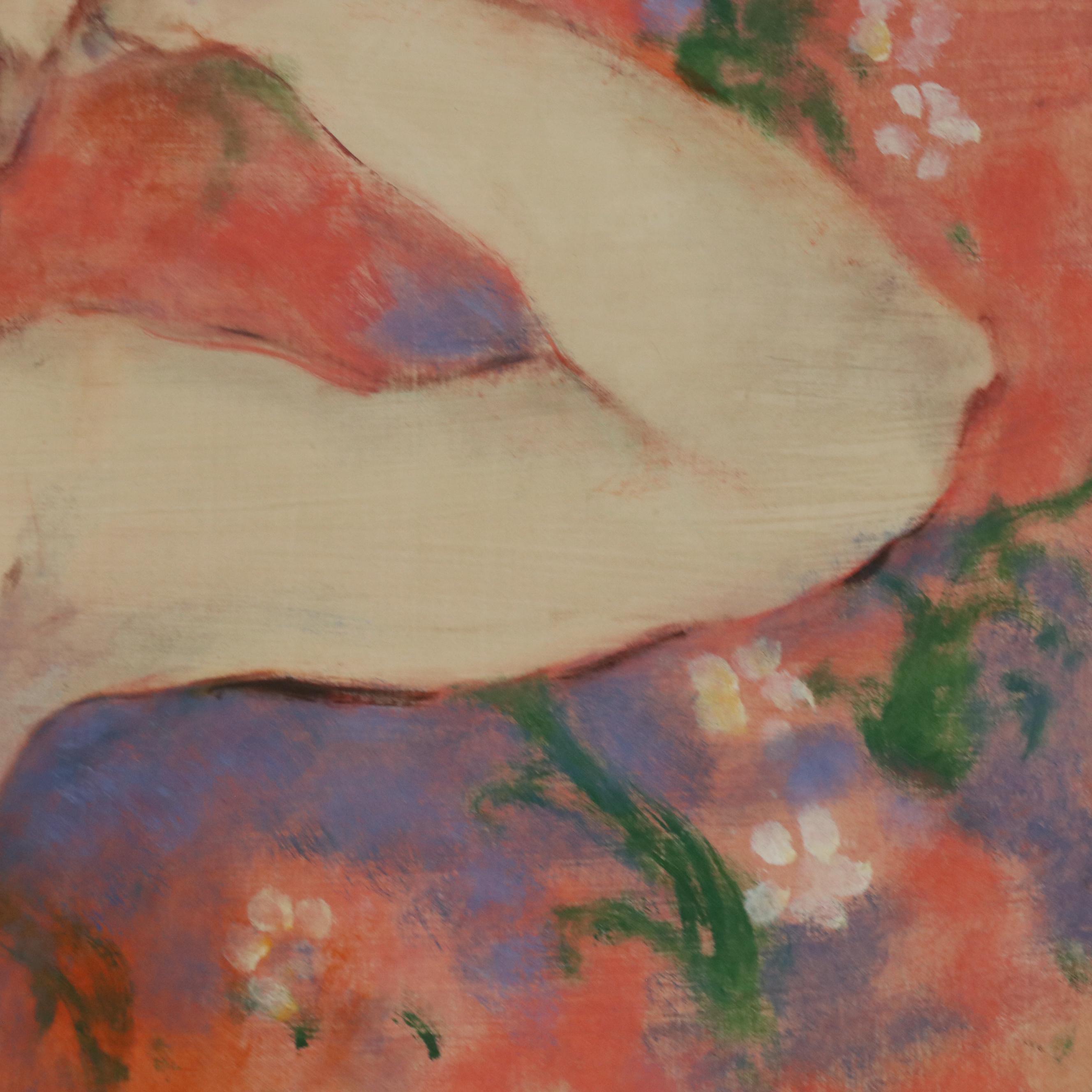 M. Ural Figural Oil Painting of Standing Nude with Floral Motif, Late 20th C.