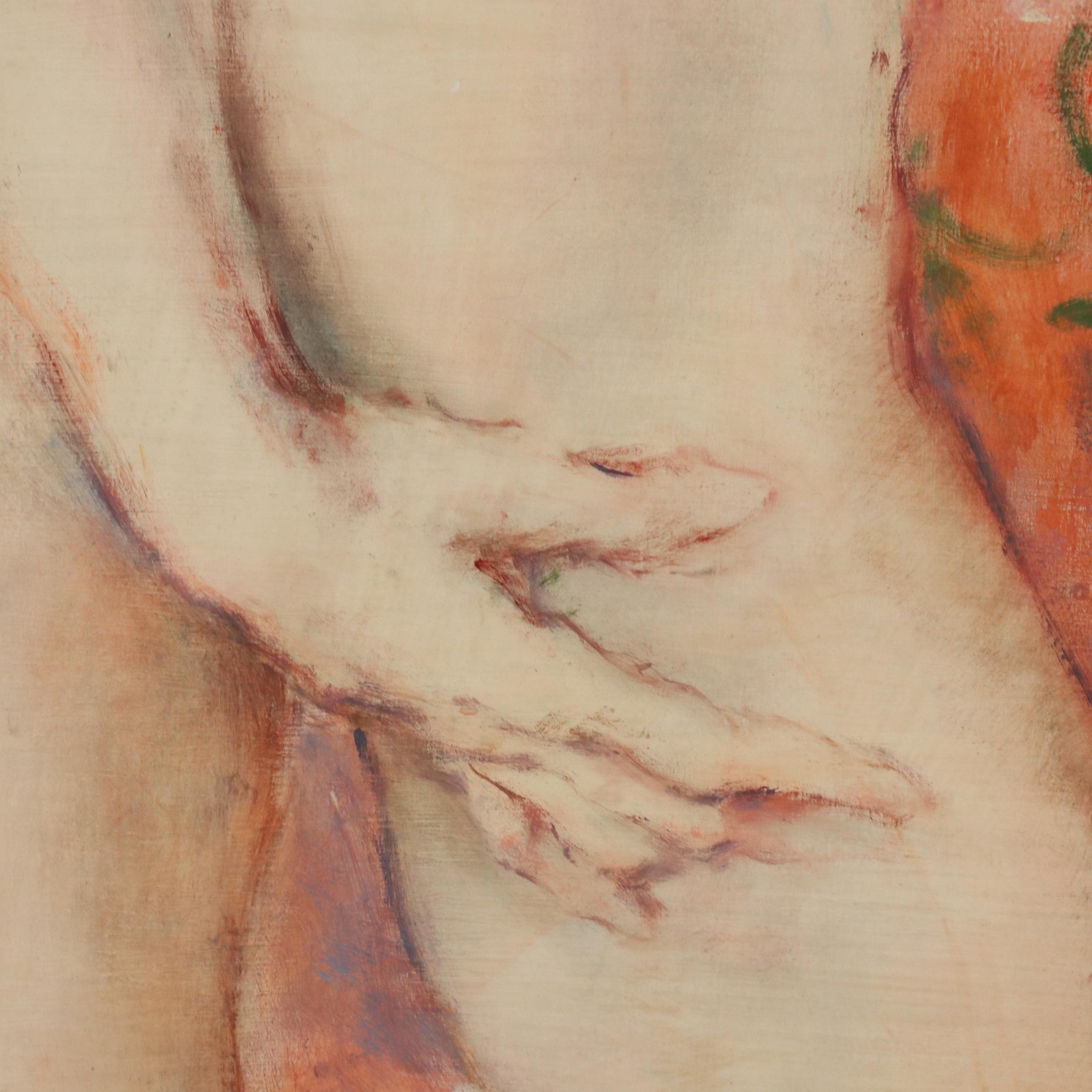 M. Ural Figural Oil Painting of Standing Nude with Floral Motif, Late 20th C.