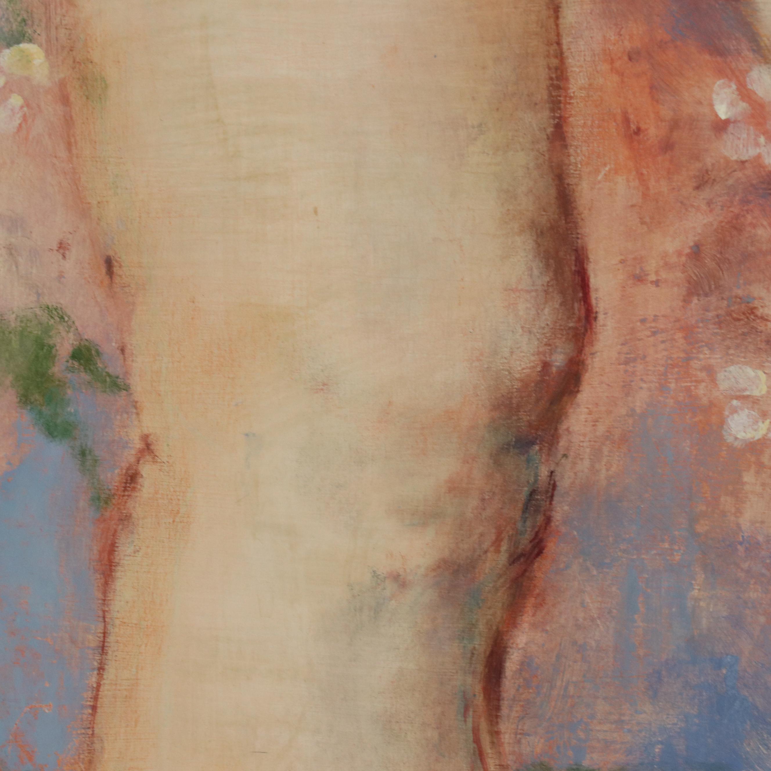 M. Ural Figural Oil Painting of Standing Nude with Floral Motif, Late 20th C.