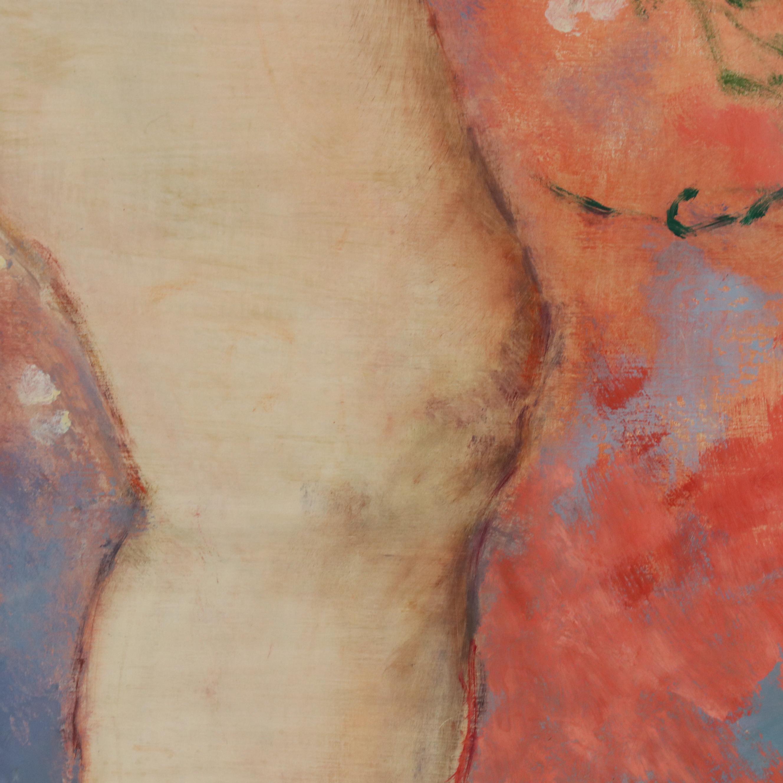 M. Ural Figural Oil Painting of Standing Nude with Floral Motif, Late 20th C.