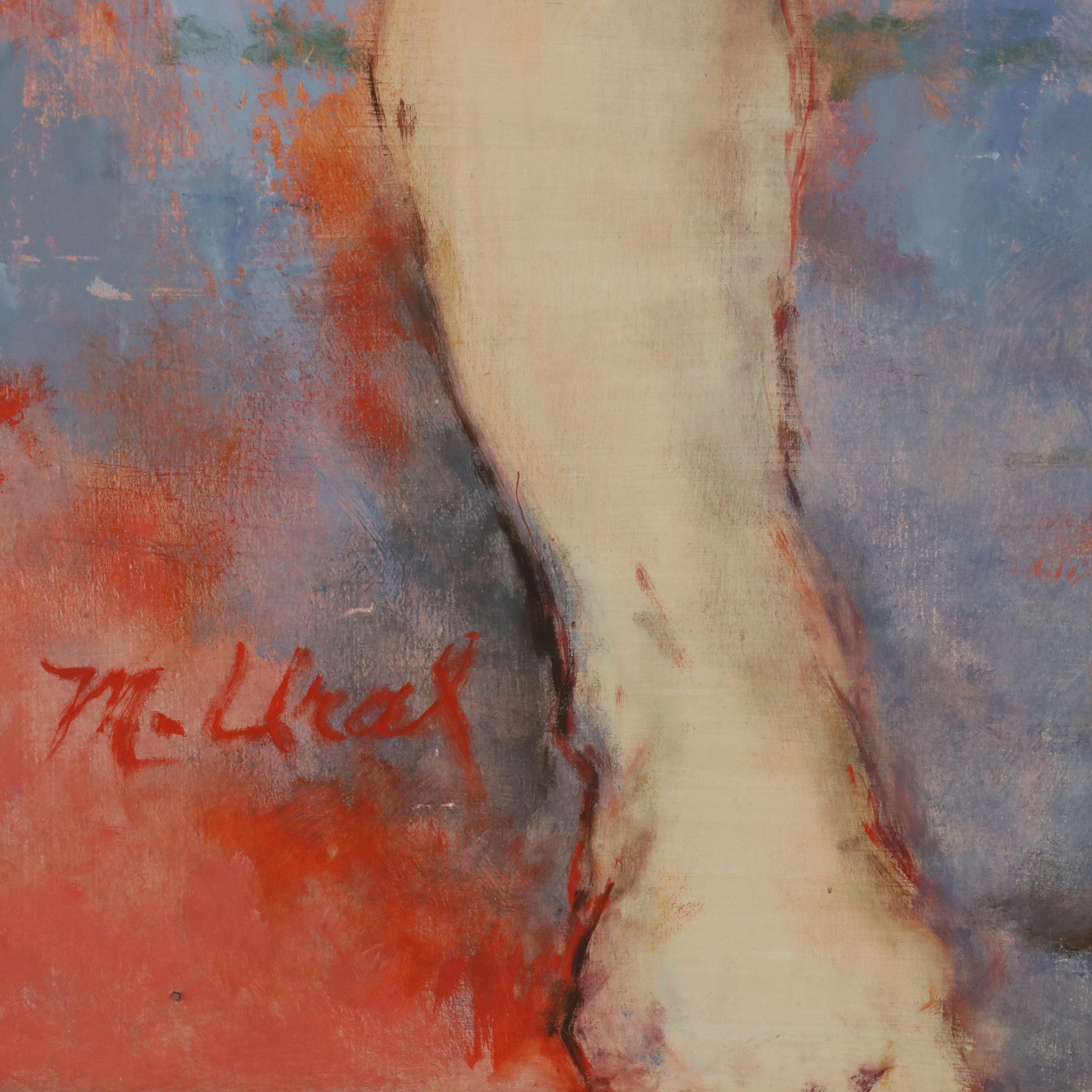 M. Ural Figural Oil Painting of Standing Nude with Floral Motif, Late 20th C.