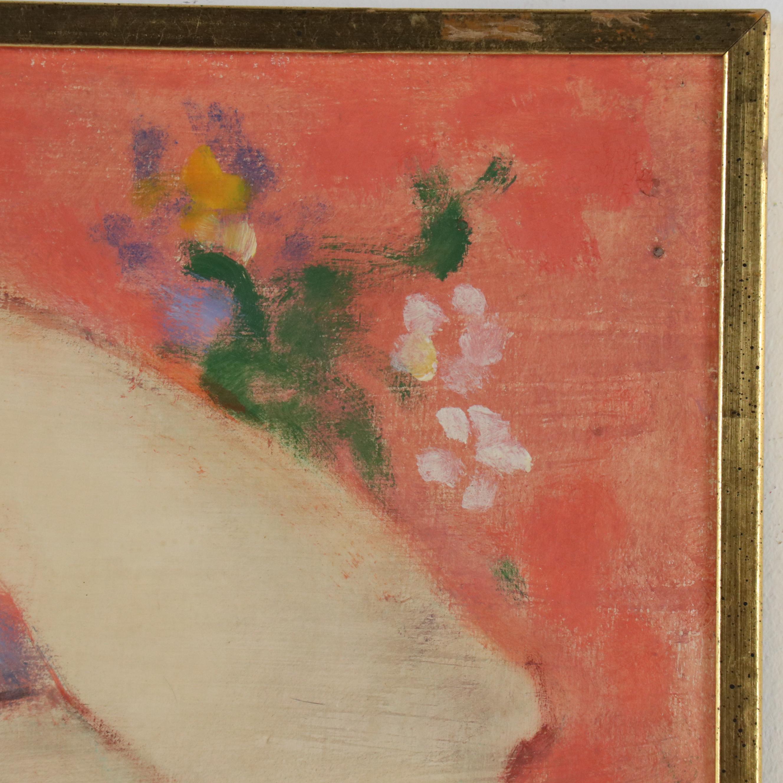 M. Ural Figural Oil Painting of Standing Nude with Floral Motif, Late 20th C.