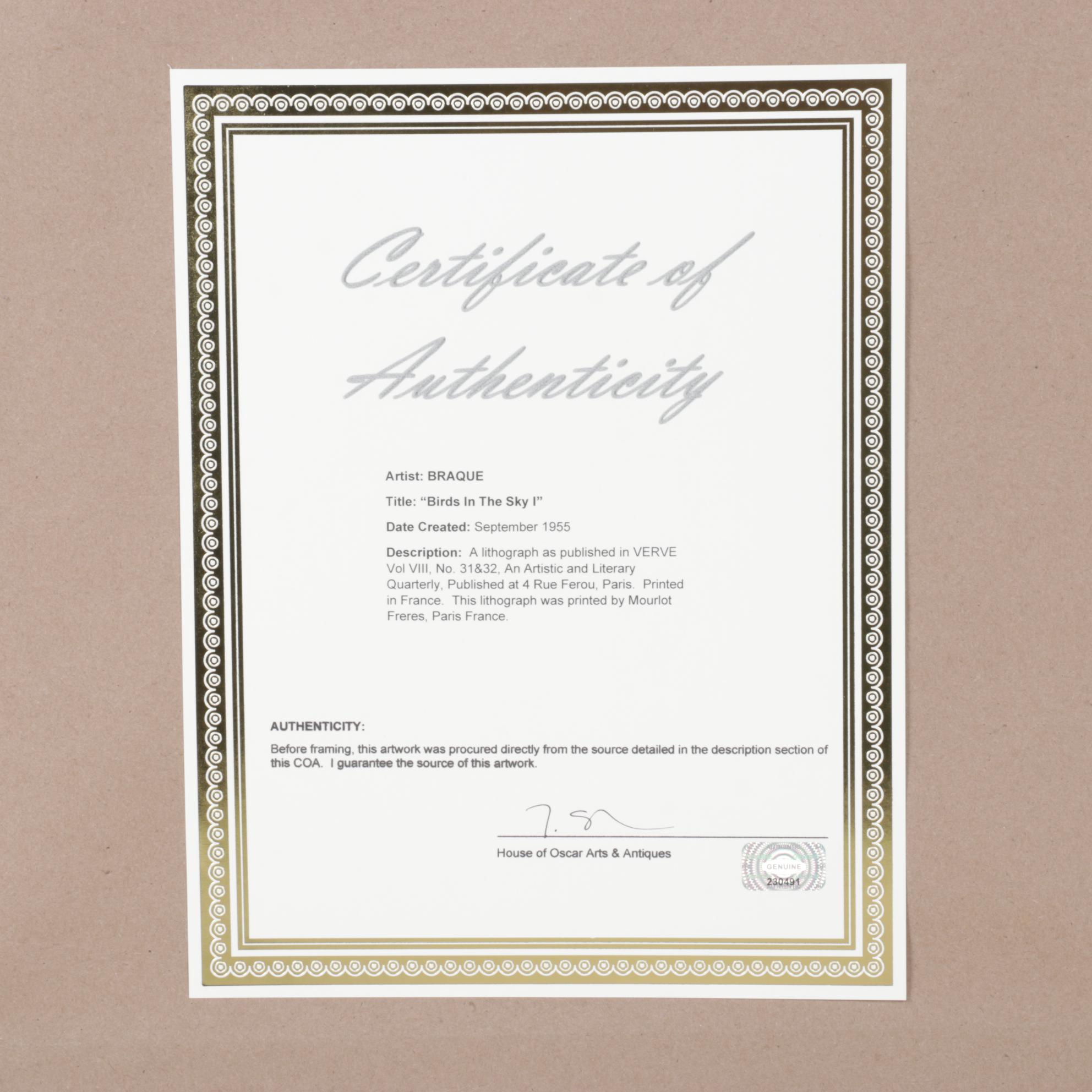 Georges Braque Lithograph for "Verve", 1955