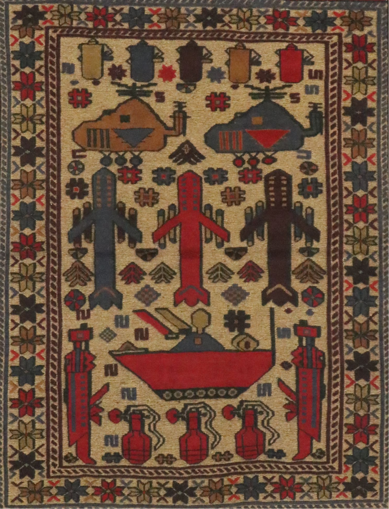 4'1 x 6'1 Handwoven Afghan Mixed Technique Pictorial War Area Rug