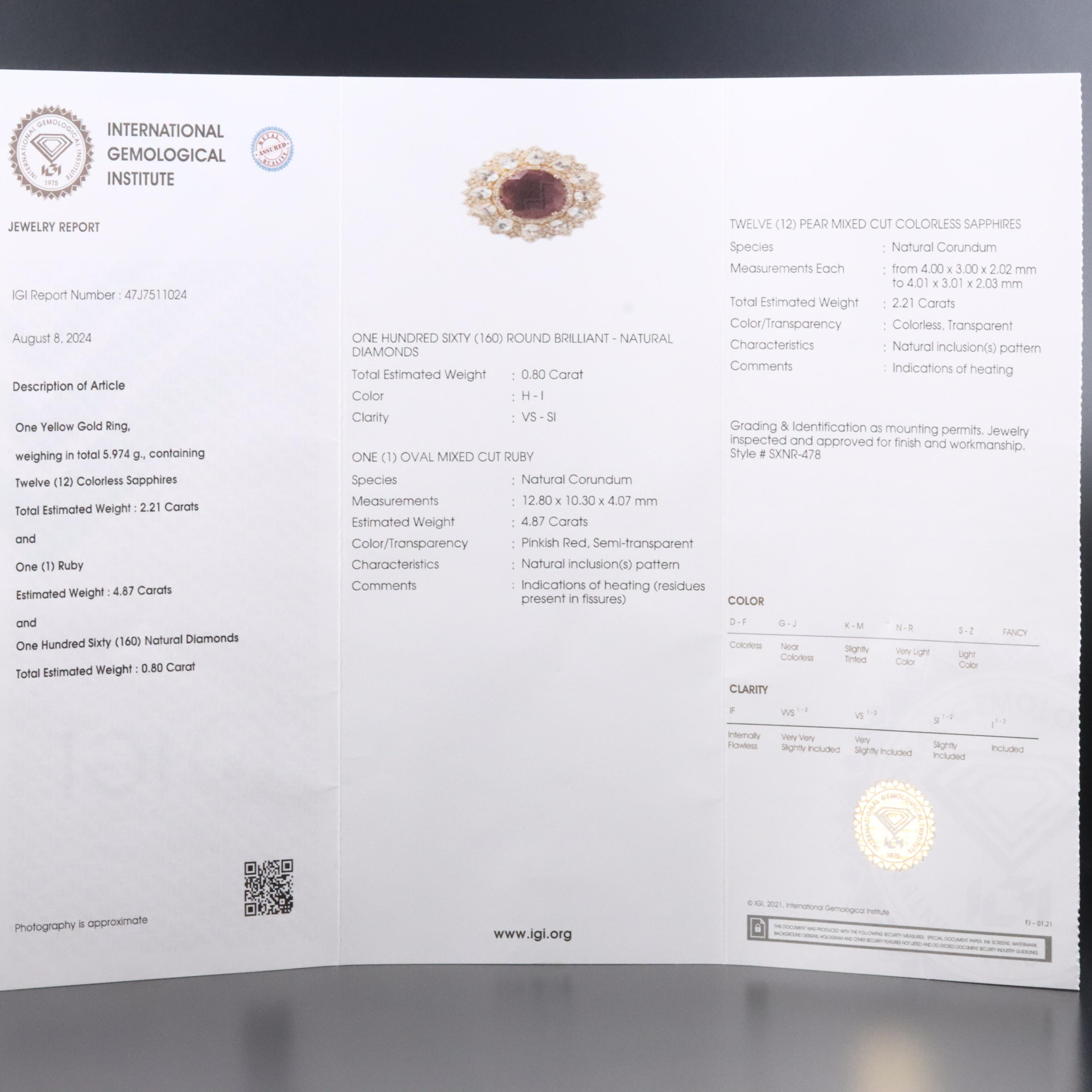 14K 4.87 CT Ruby, White Sapphire, and Diamond Ring with IGI Jewelry Report