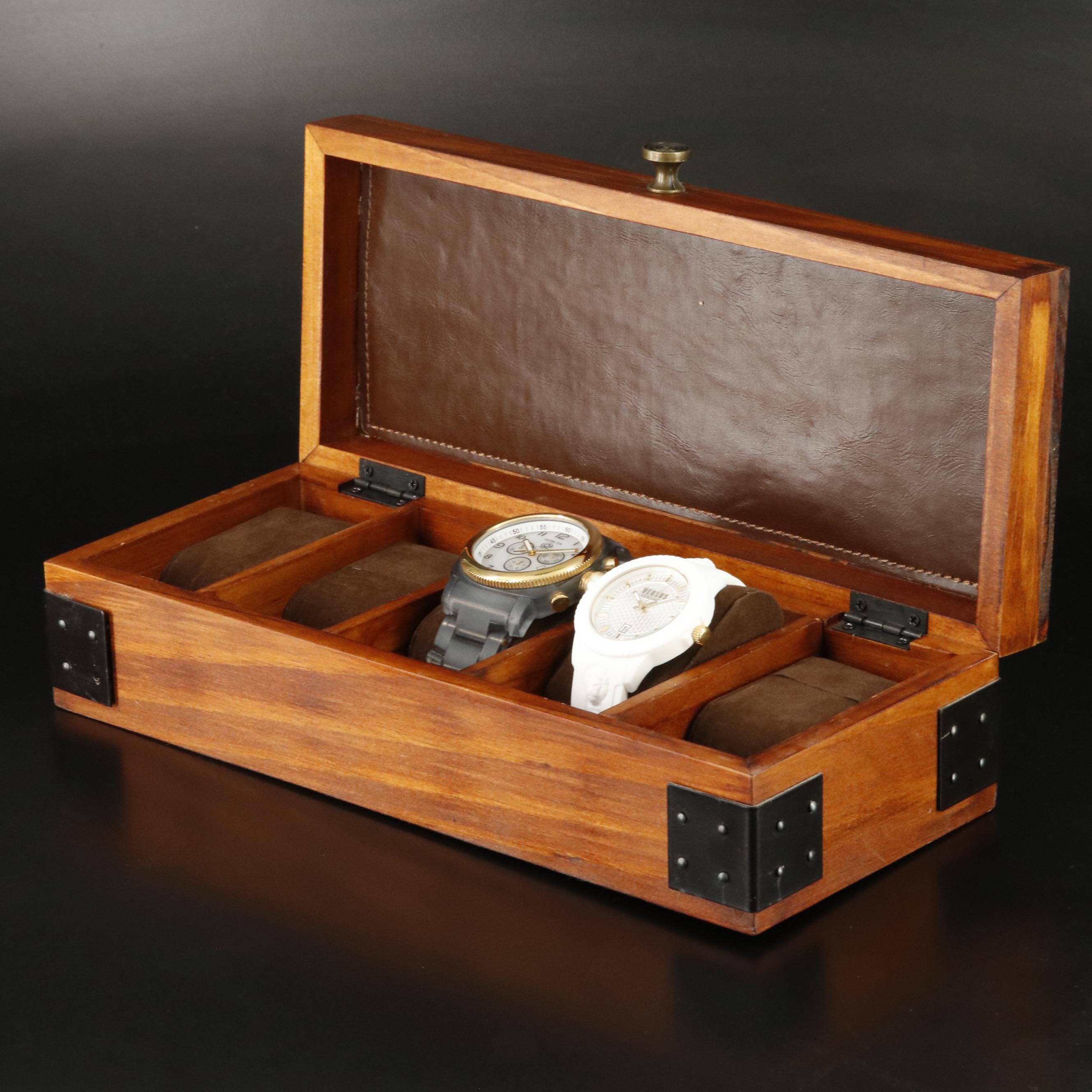 Invicta and Versace Quartz Watches with Wood and Leather Watch Box