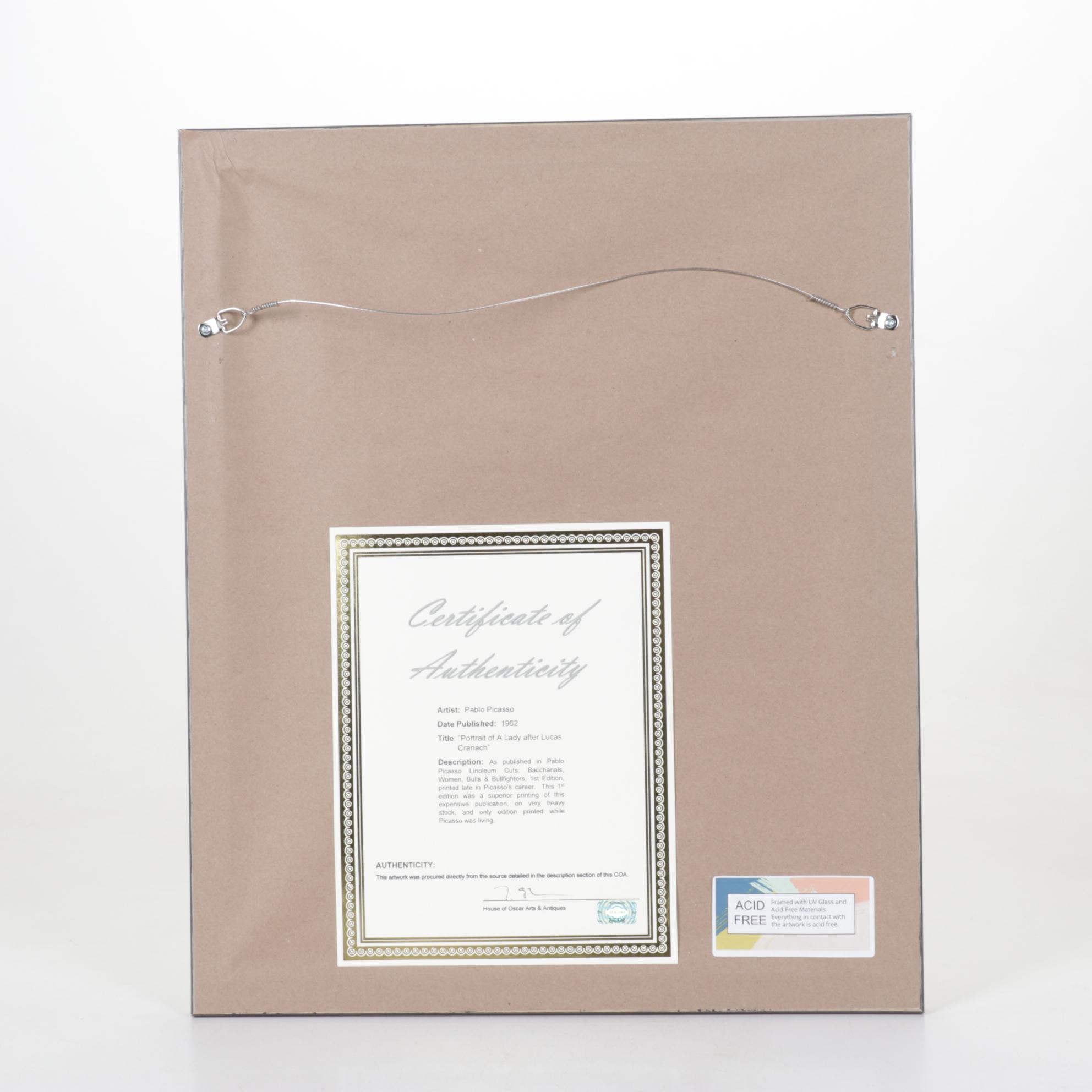 Pablo Picasso Linocut "Portrait of a Lady after Lucas Cranach", 1962