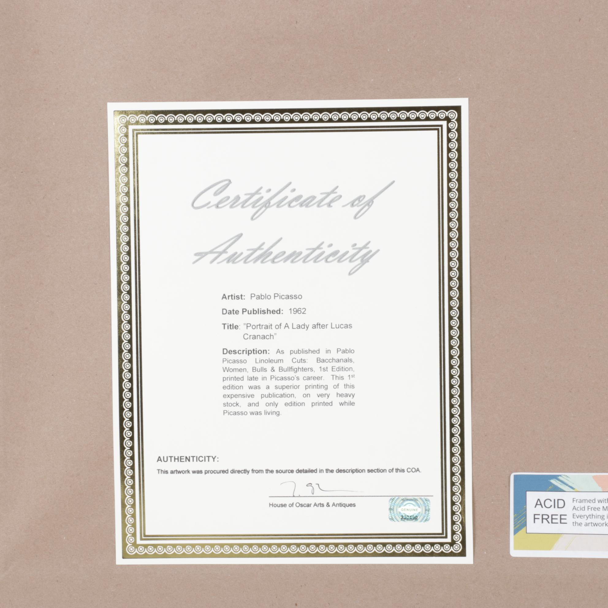 Pablo Picasso Linocut "Portrait of a Lady after Lucas Cranach", 1962