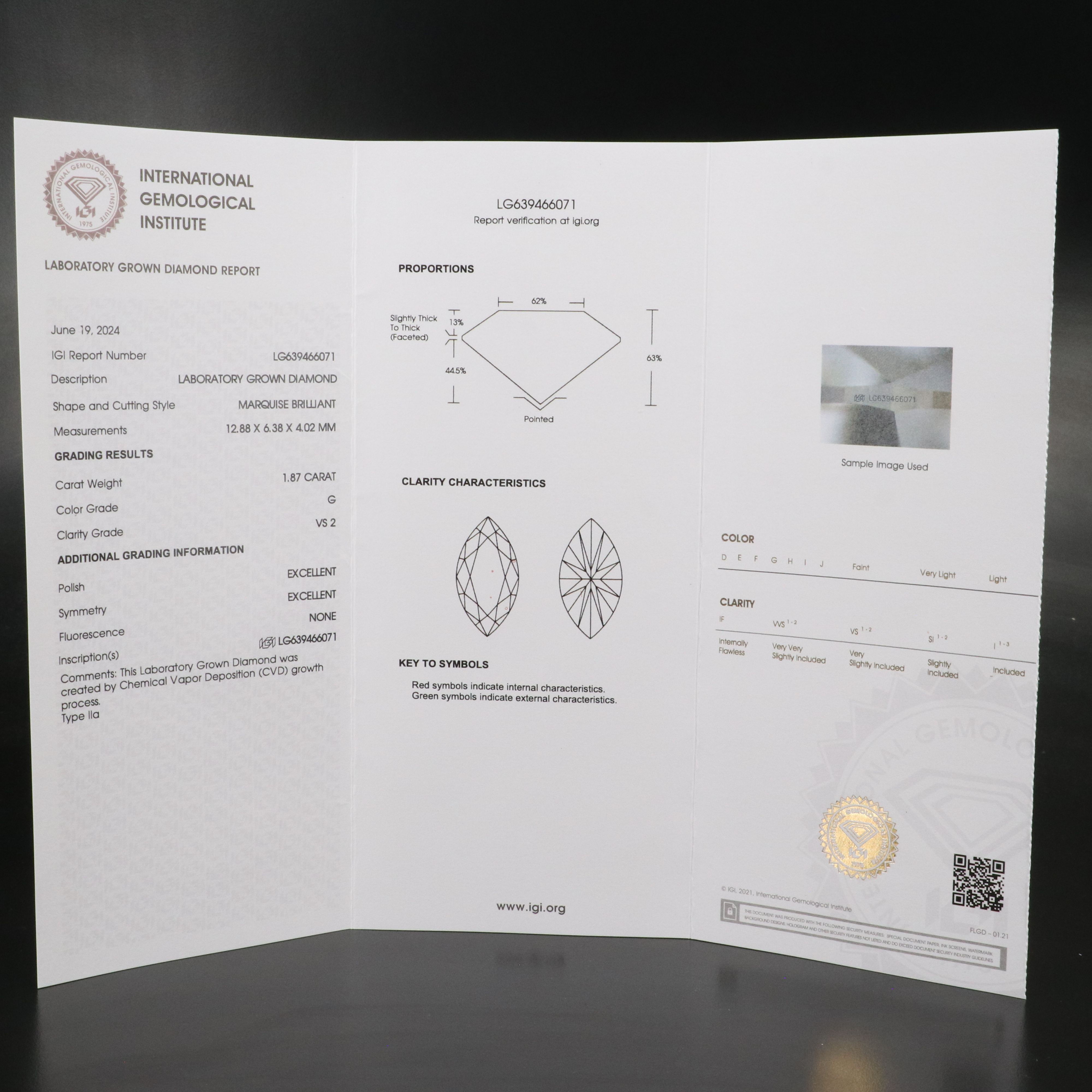 Loose 1.87 CT Lab Grown Diamond with IGI Report