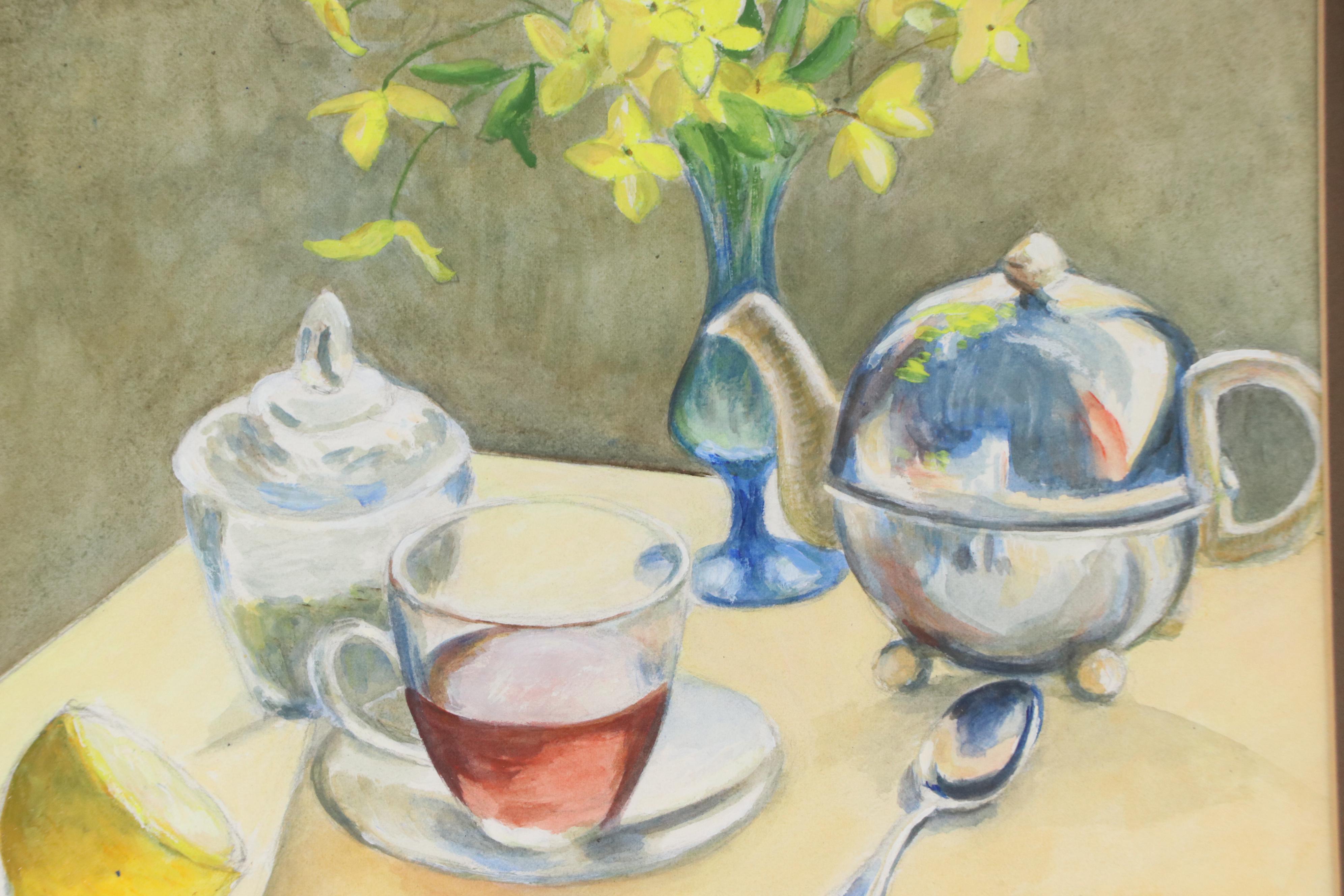 Chan Still Life Watercolor at Tea Time with Yellow Flowers, Late 20th C.