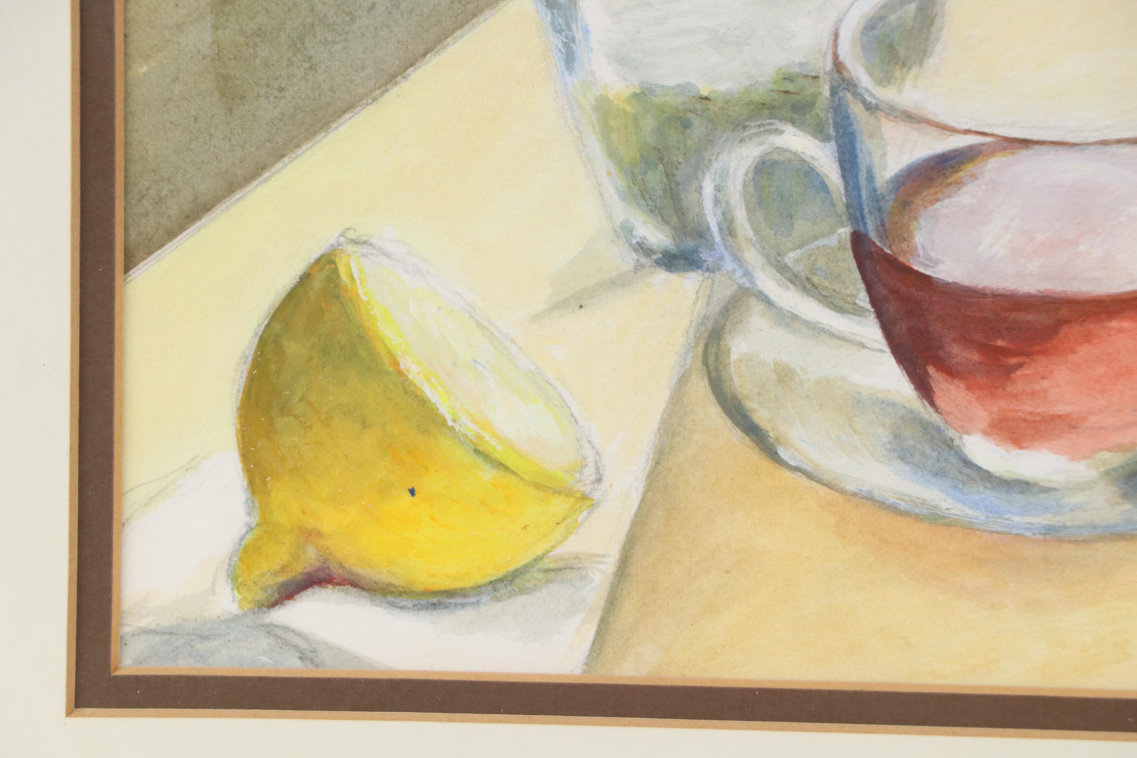 Chan Still Life Watercolor at Tea Time with Yellow Flowers, Late 20th C.