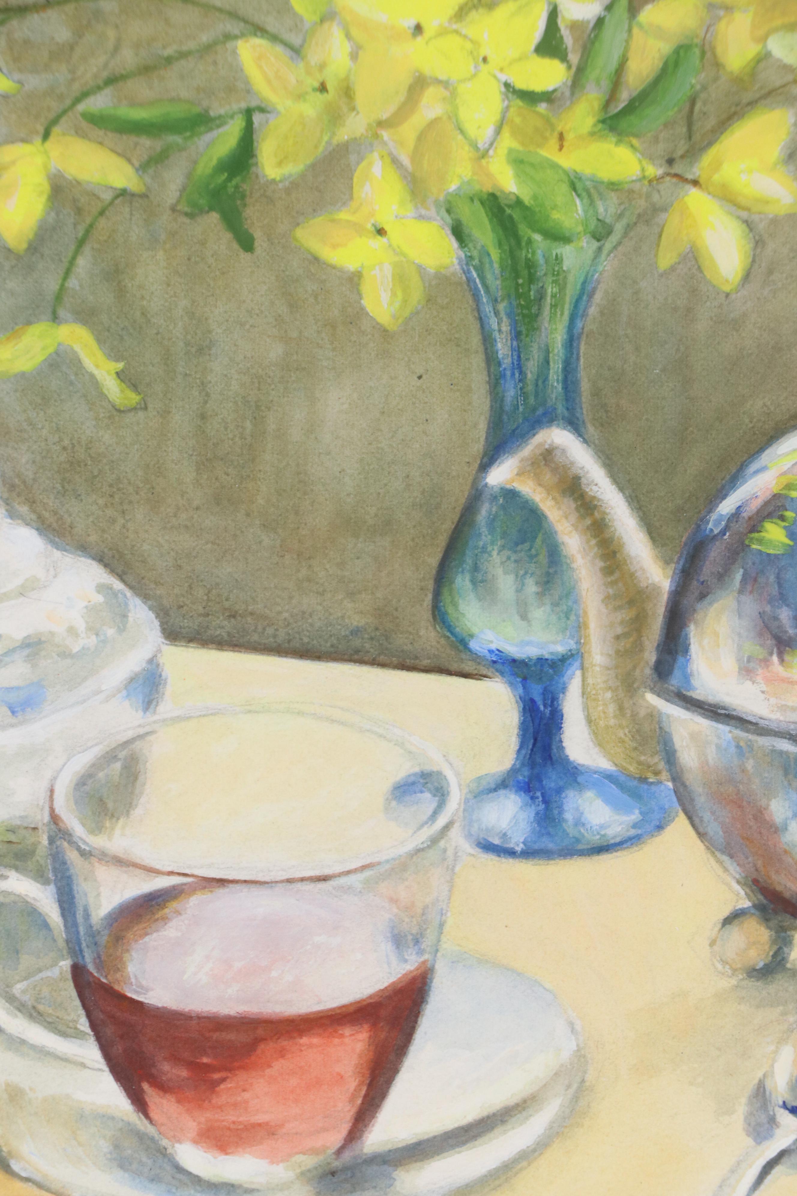 Chan Still Life Watercolor at Tea Time with Yellow Flowers, Late 20th C.