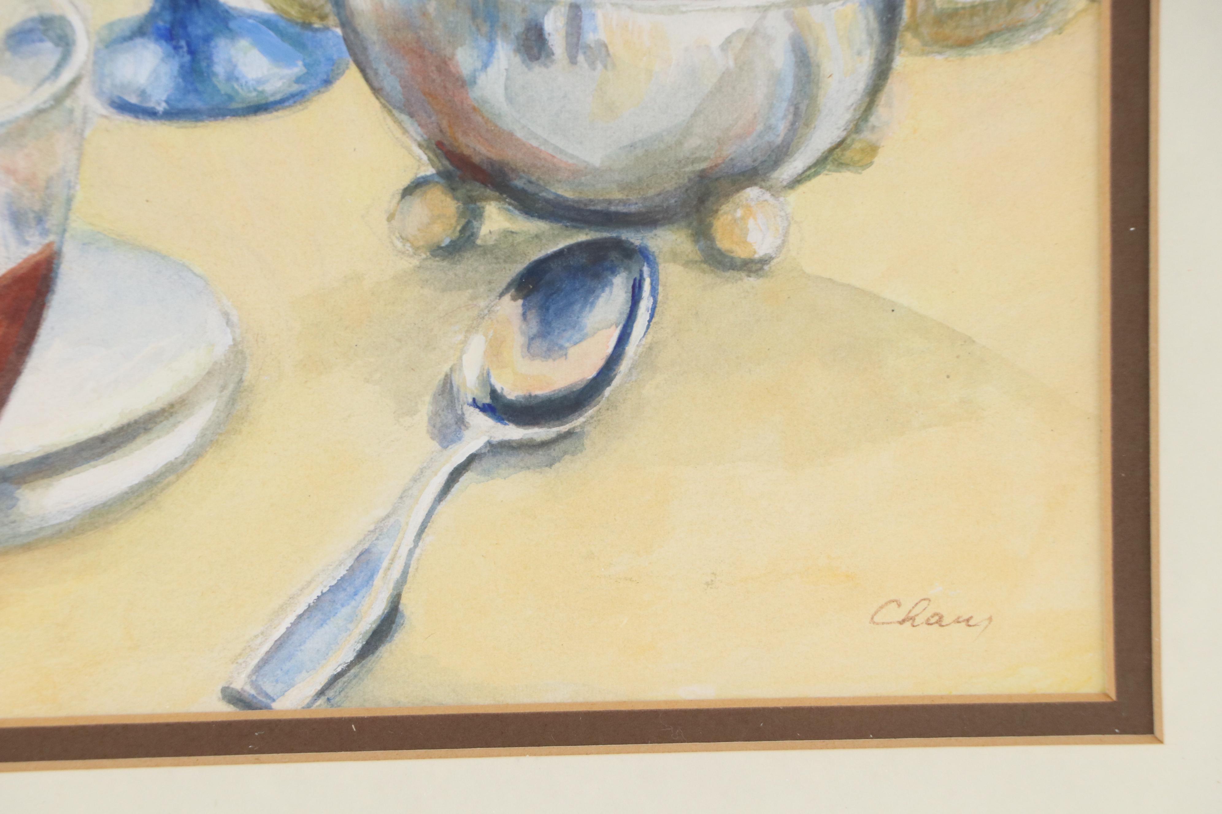 Chan Still Life Watercolor at Tea Time with Yellow Flowers, Late 20th C.