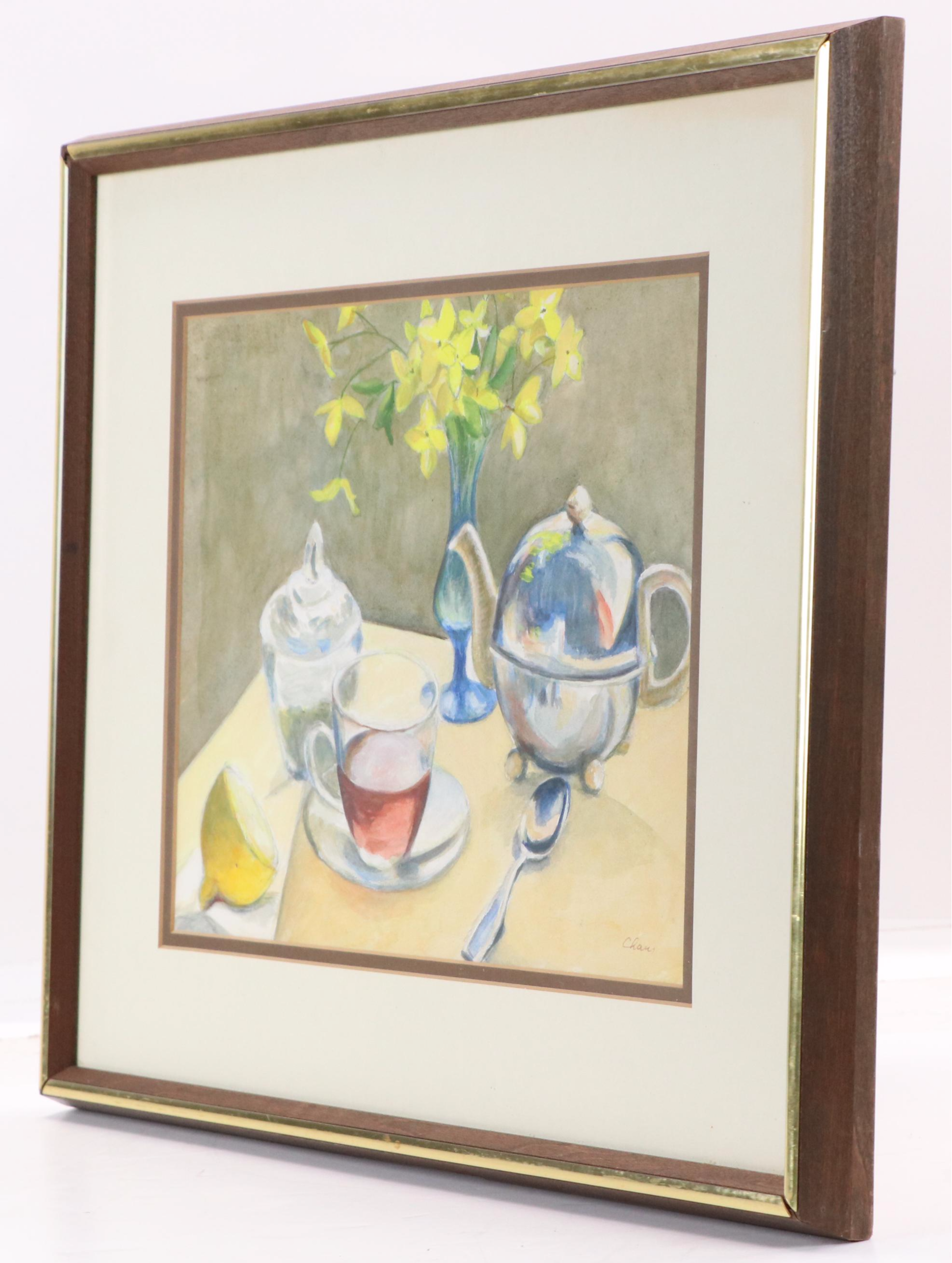 Chan Still Life Watercolor at Tea Time with Yellow Flowers, Late 20th C.