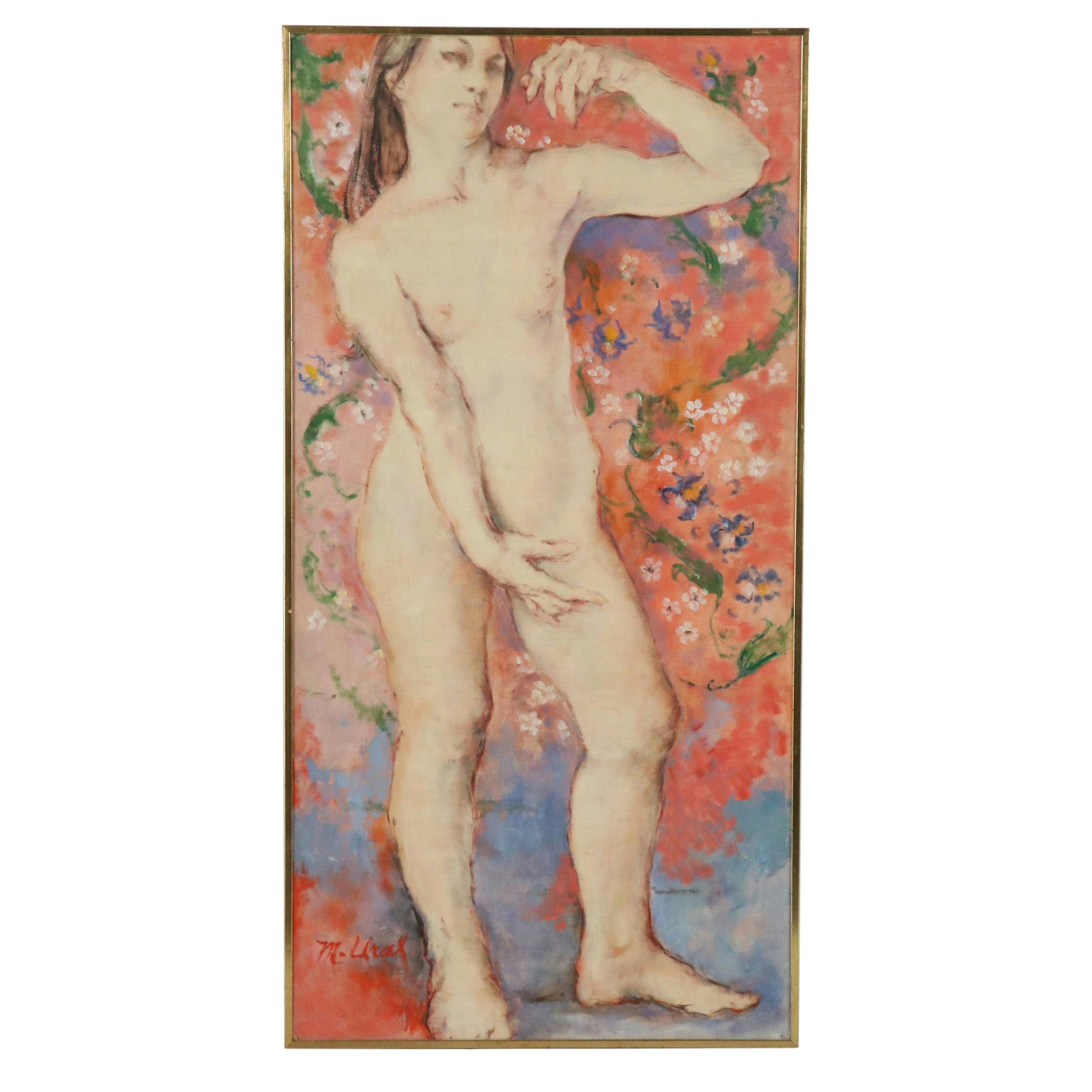 M. Ural Figural Oil Painting of Standing Nude with Floral Motif, Late 20th C.