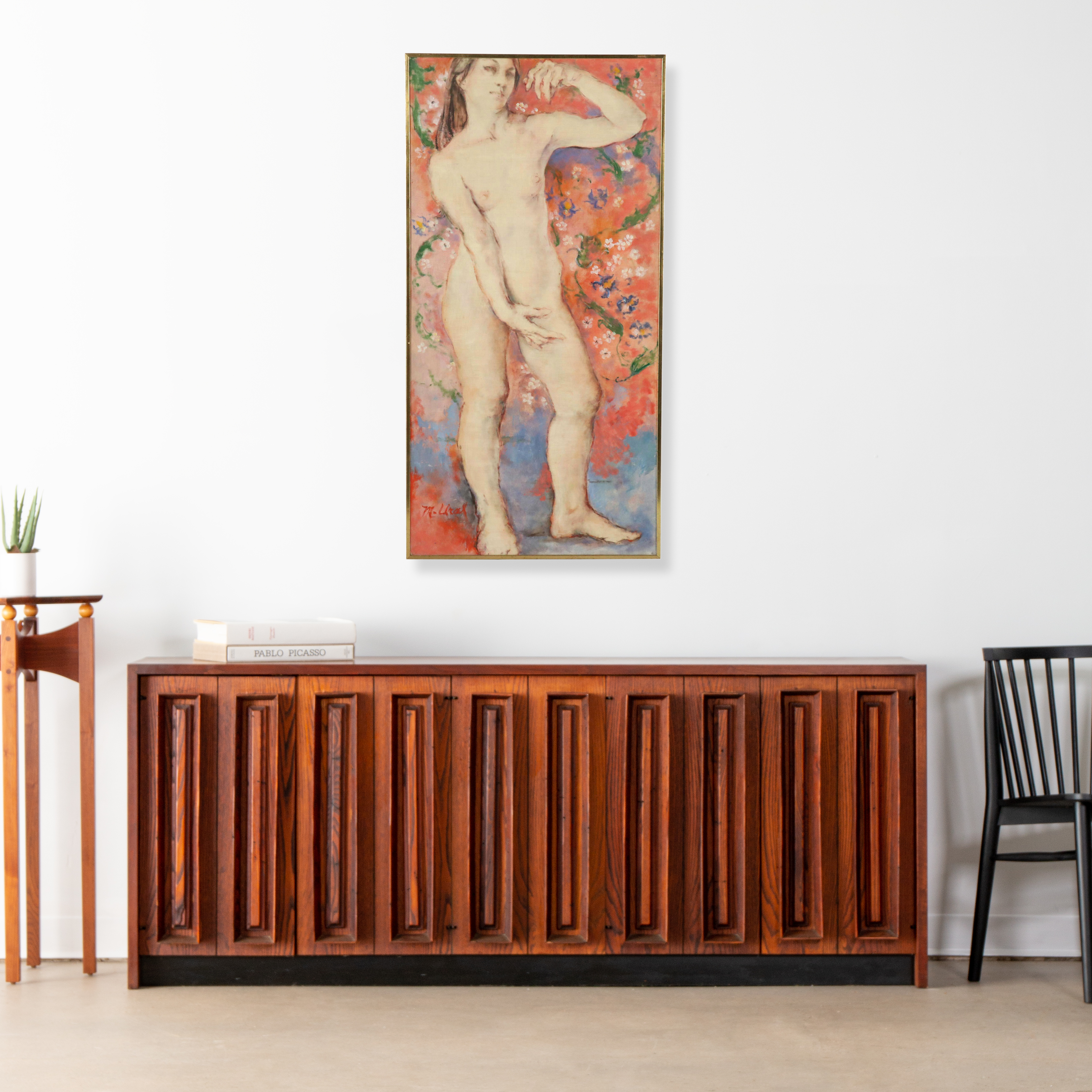 M. Ural Figural Oil Painting of Standing Nude with Floral Motif, Late 20th C.