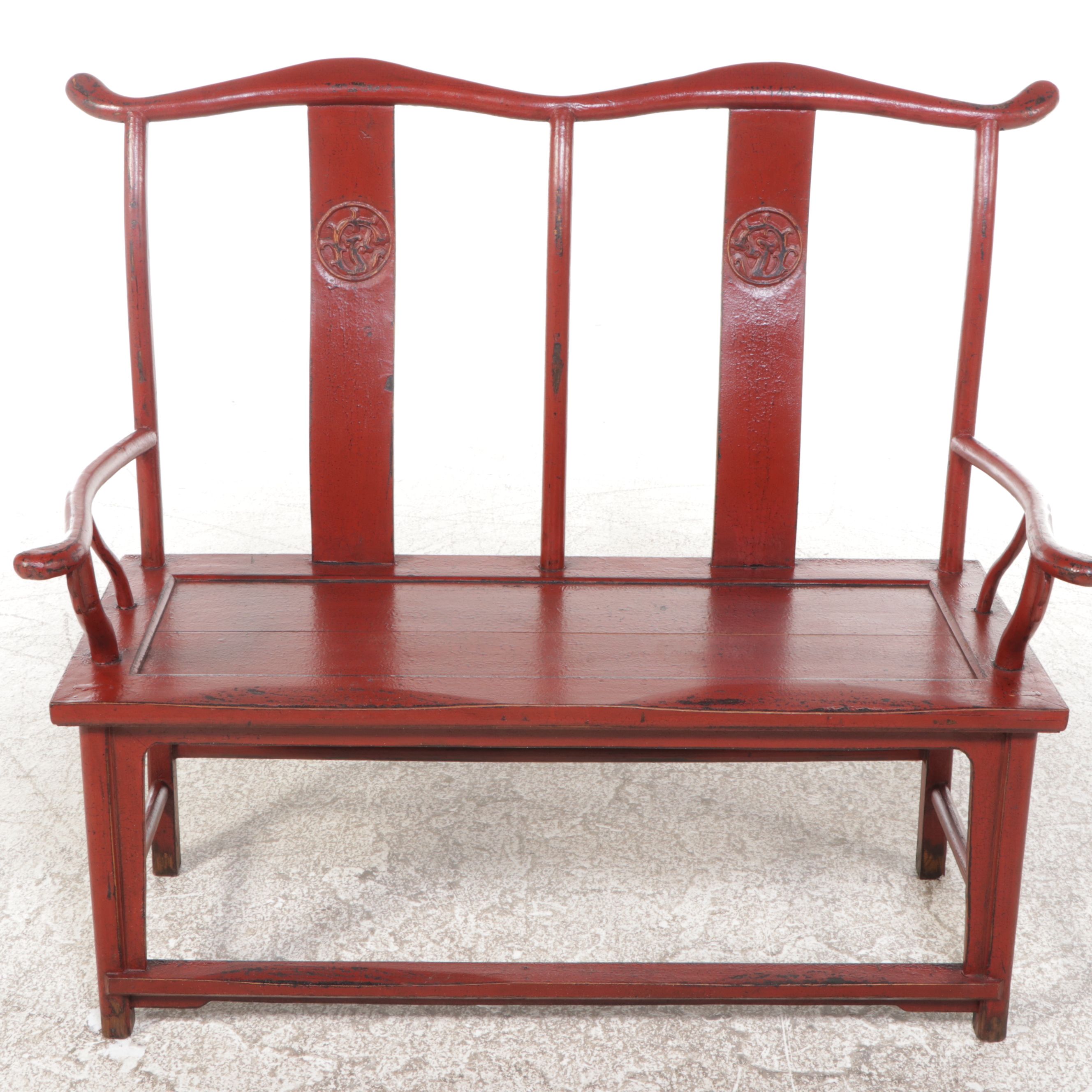 Chinese Red Lacquered Wooden Yoke Back Bench, 20th Century
