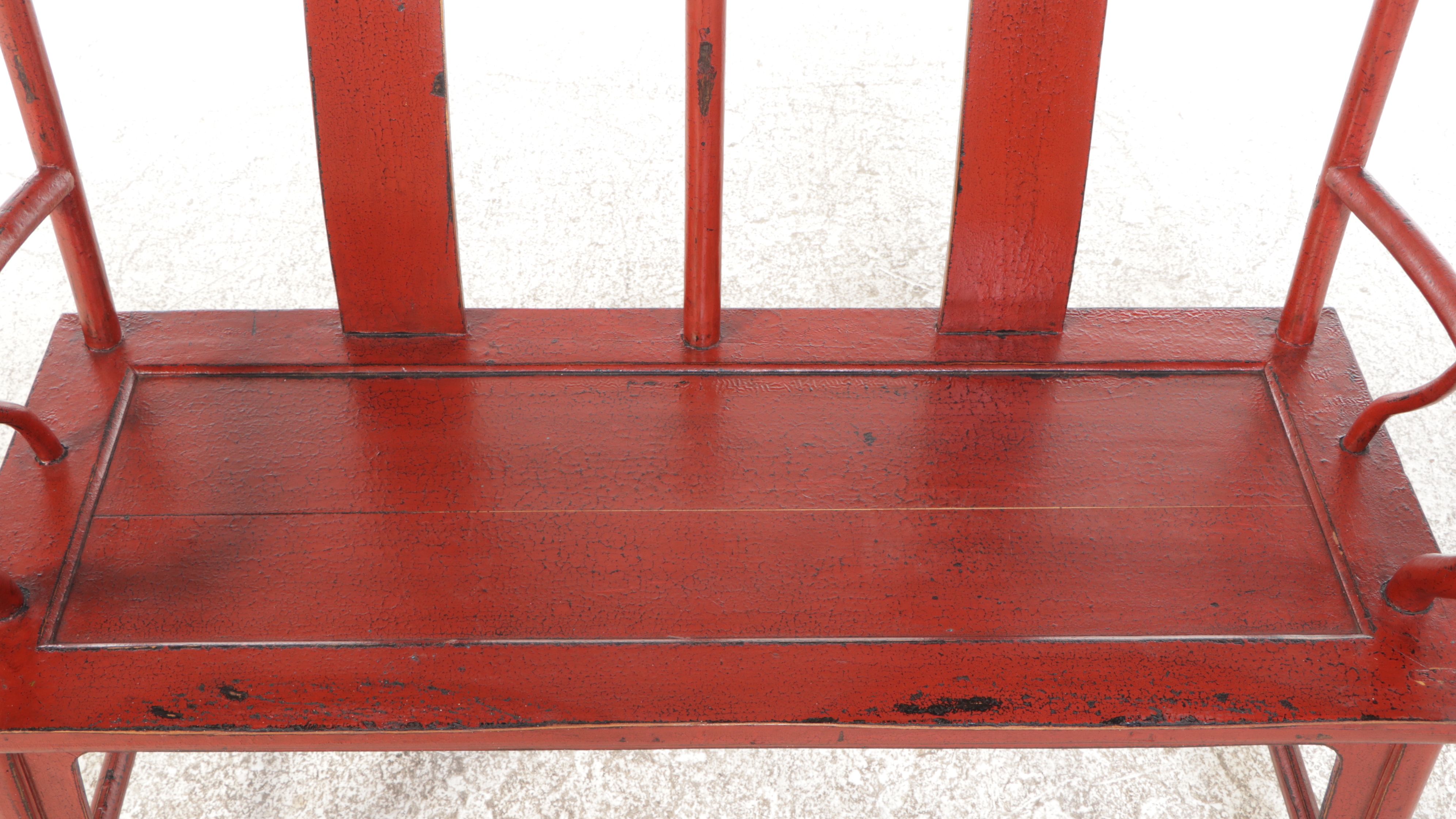 Chinese Red Lacquered Wooden Yoke Back Bench, 20th Century