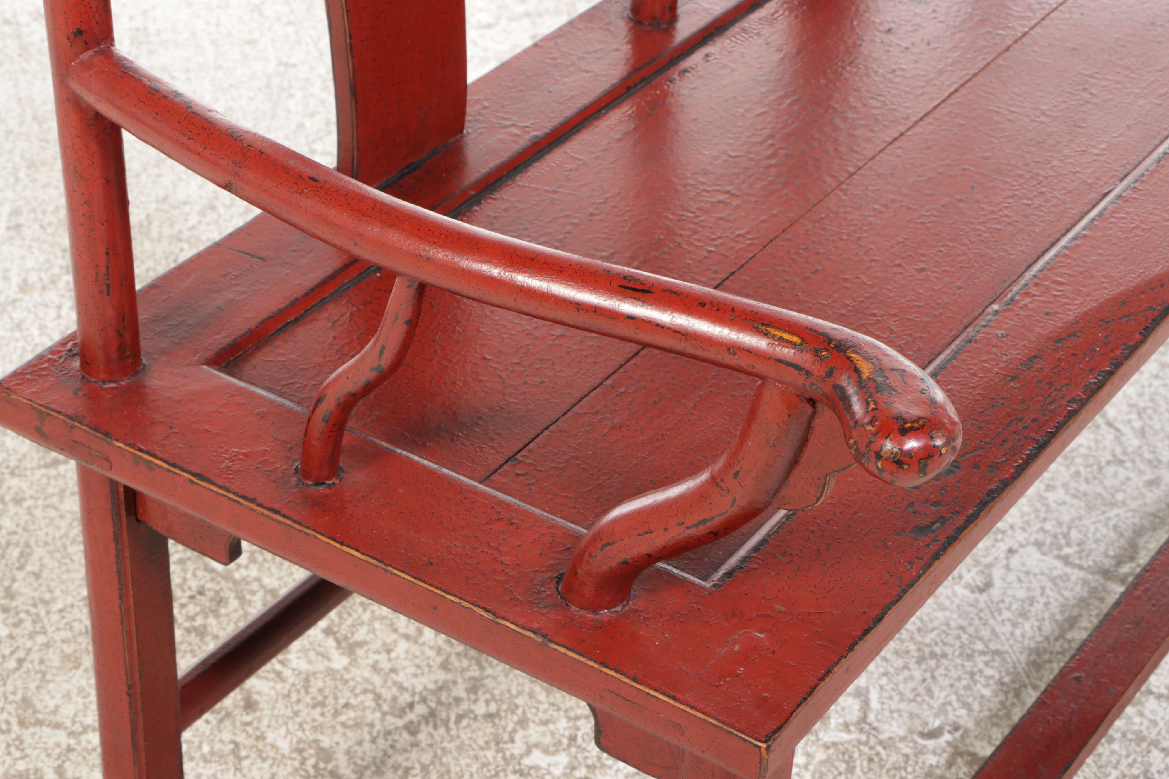 Chinese Red Lacquered Wooden Yoke Back Bench, 20th Century