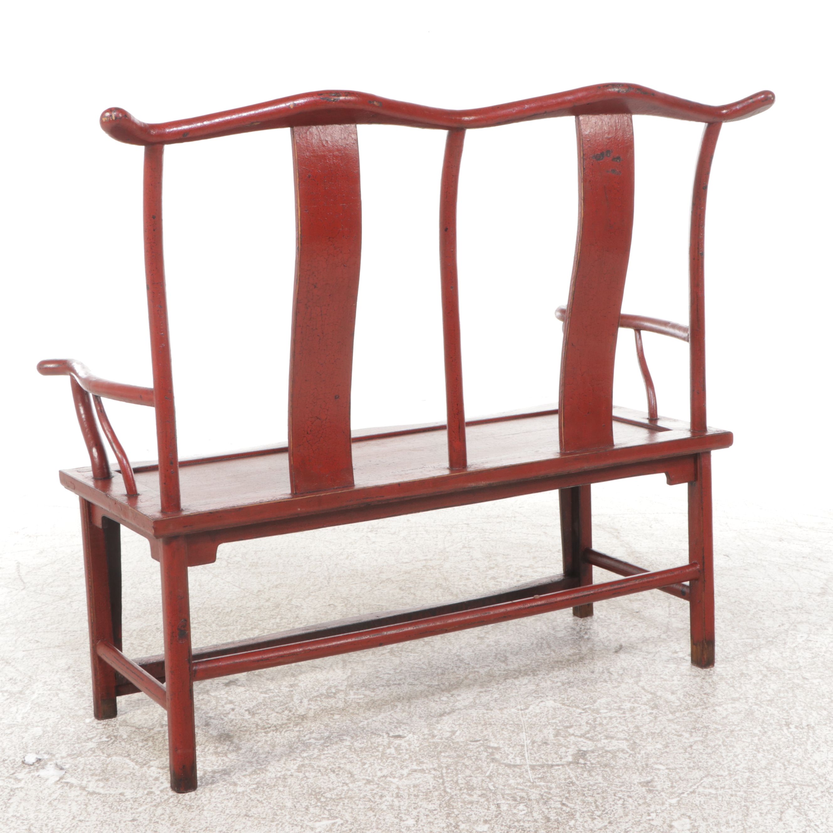 Chinese Red Lacquered Wooden Yoke Back Bench, 20th Century