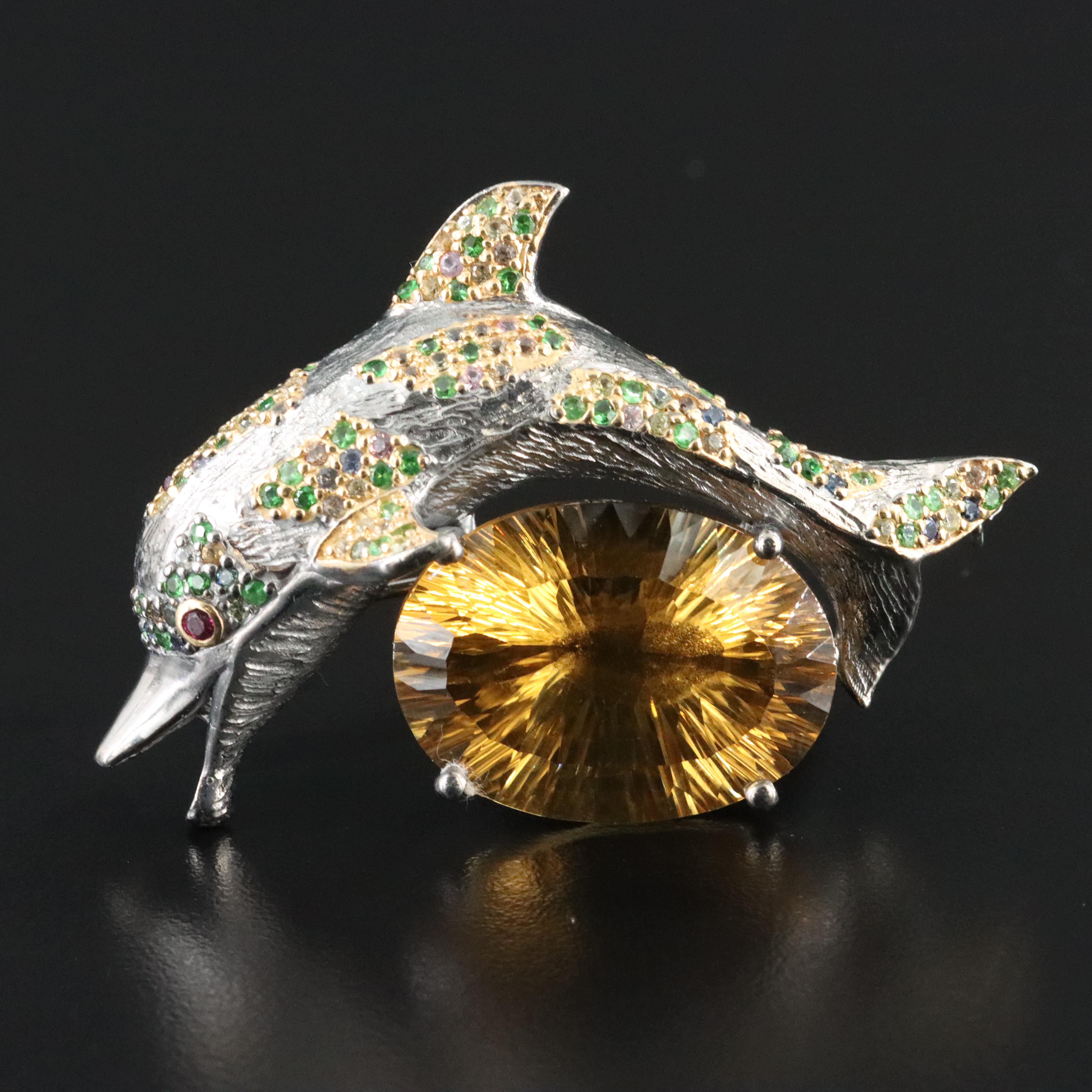 Sterling Citrine, Yellow Sapphire and Diopside Dolphin