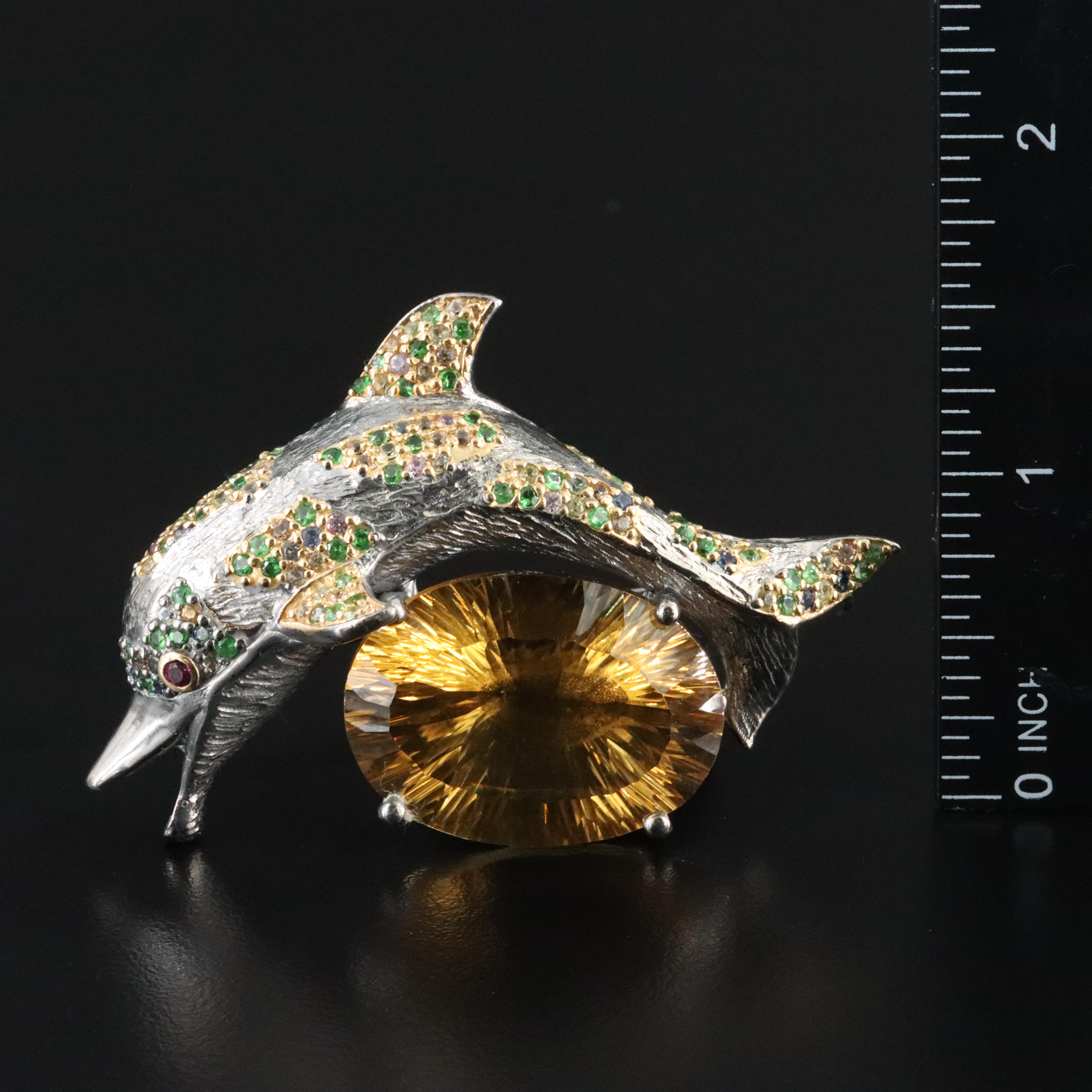 Sterling Citrine, Yellow Sapphire and Diopside Dolphin