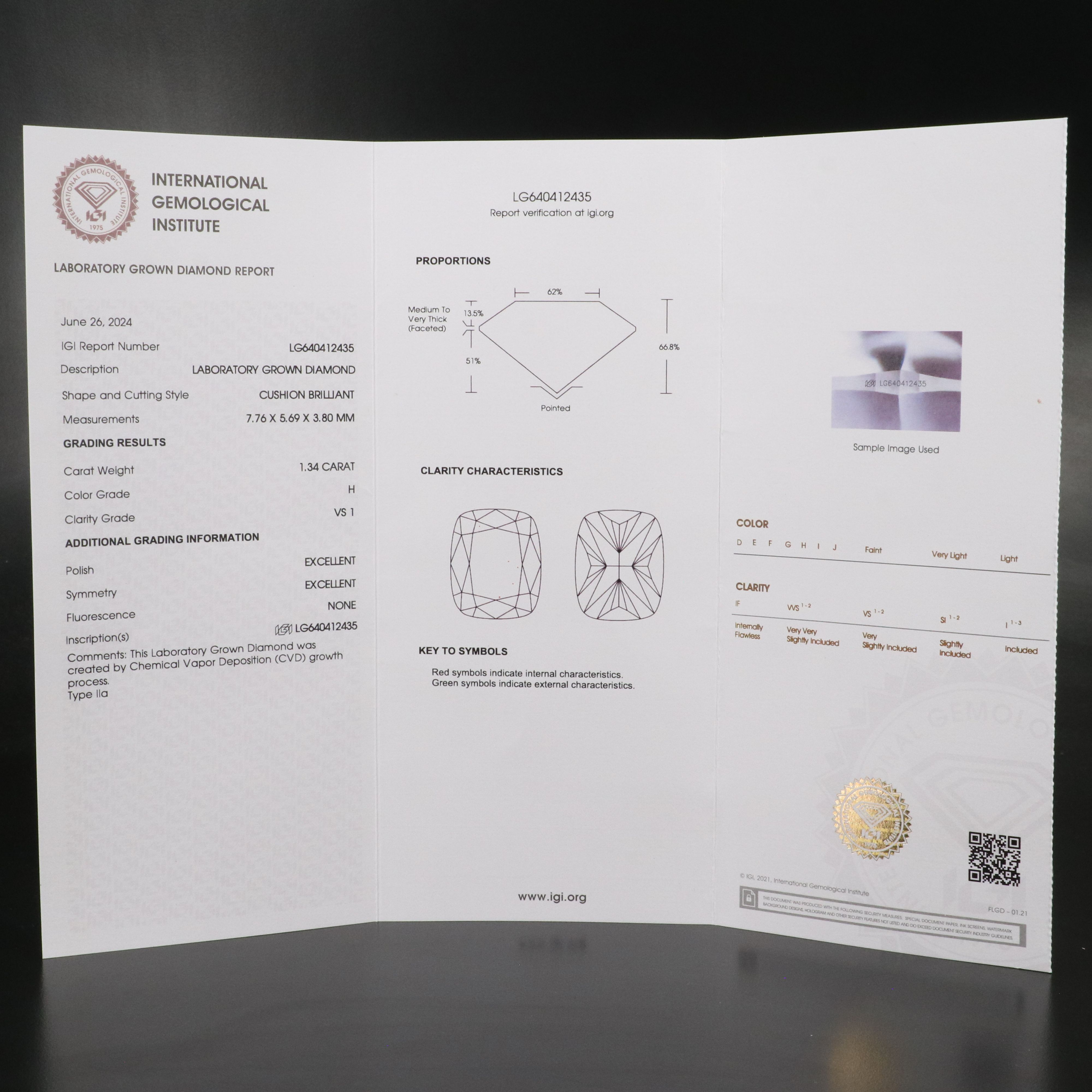 Loose 1.34 CT Lab Grown Diamond with IGI Report