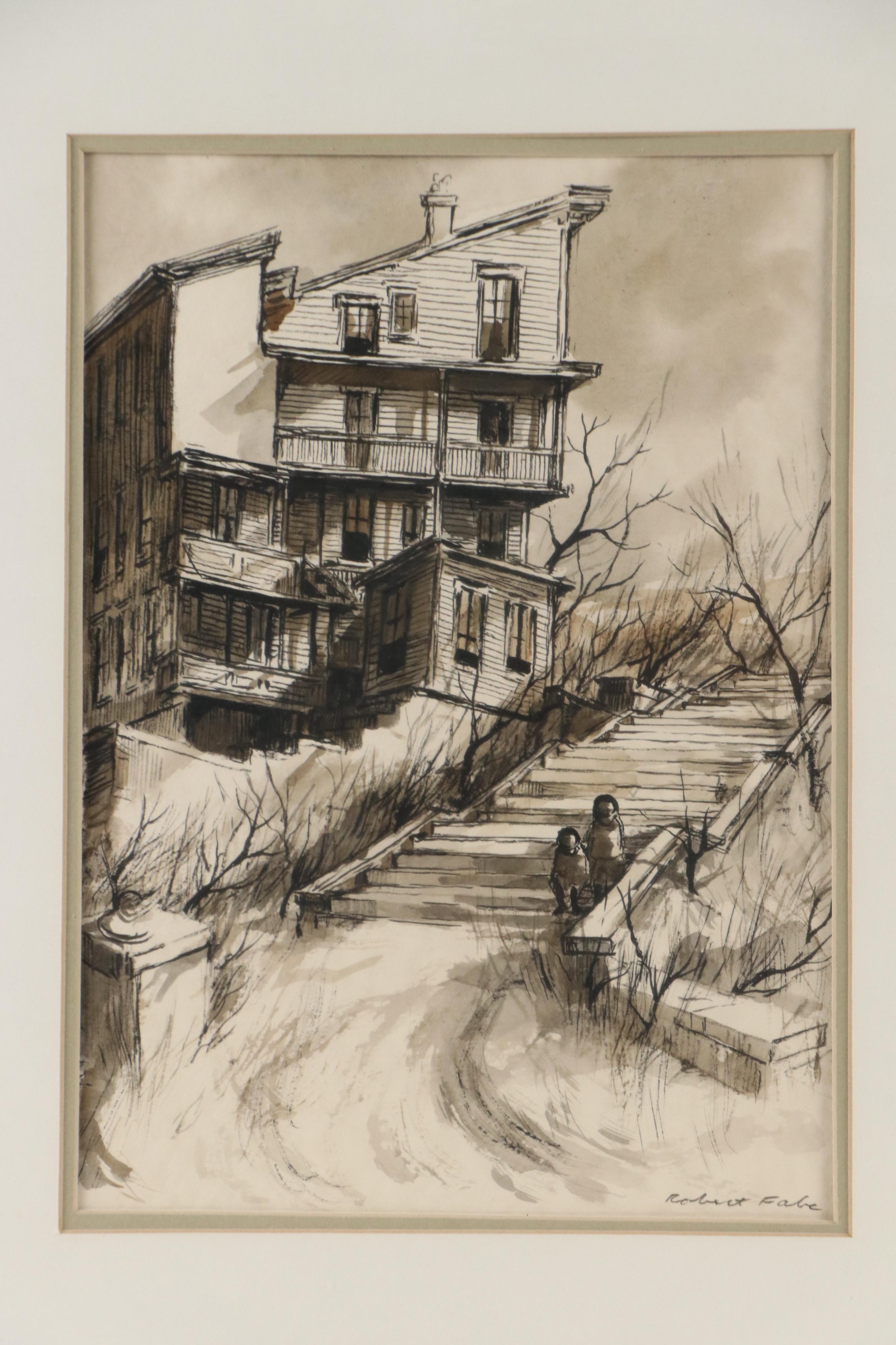 Robert Fabe Ink Drawing of Children on Steps Outside Building