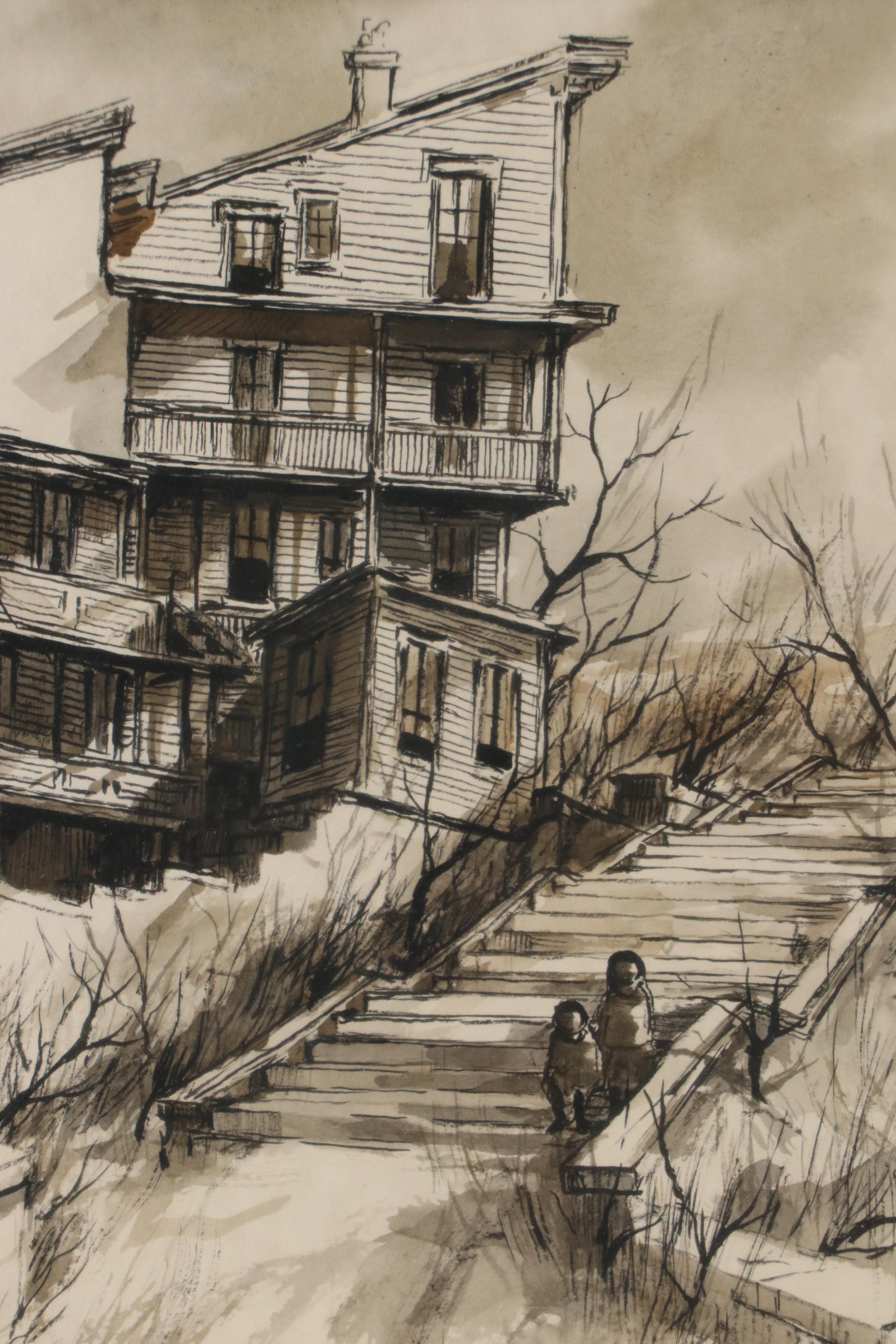 Robert Fabe Ink Drawing of Children on Steps Outside Building