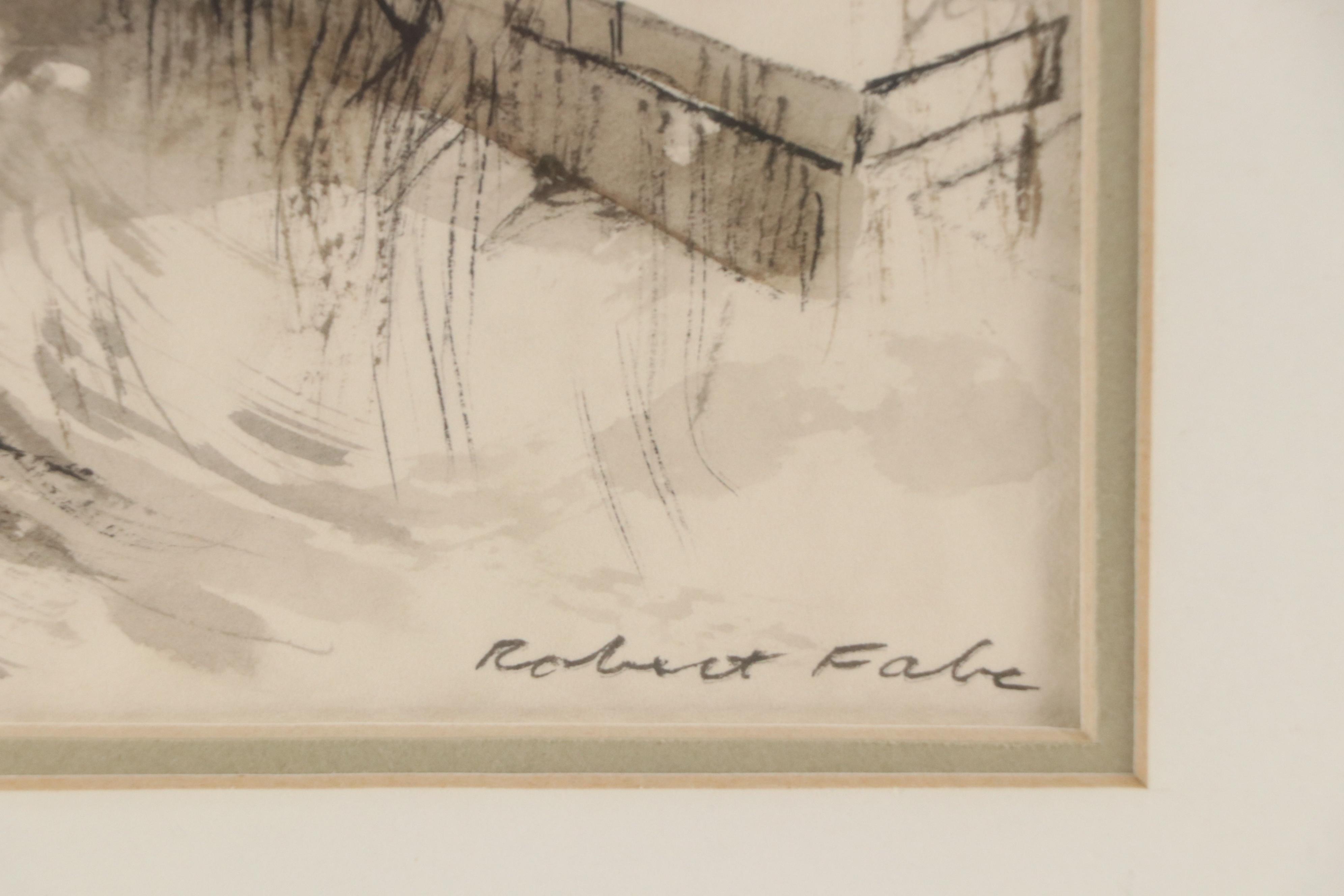 Robert Fabe Ink Drawing of Children on Steps Outside Building